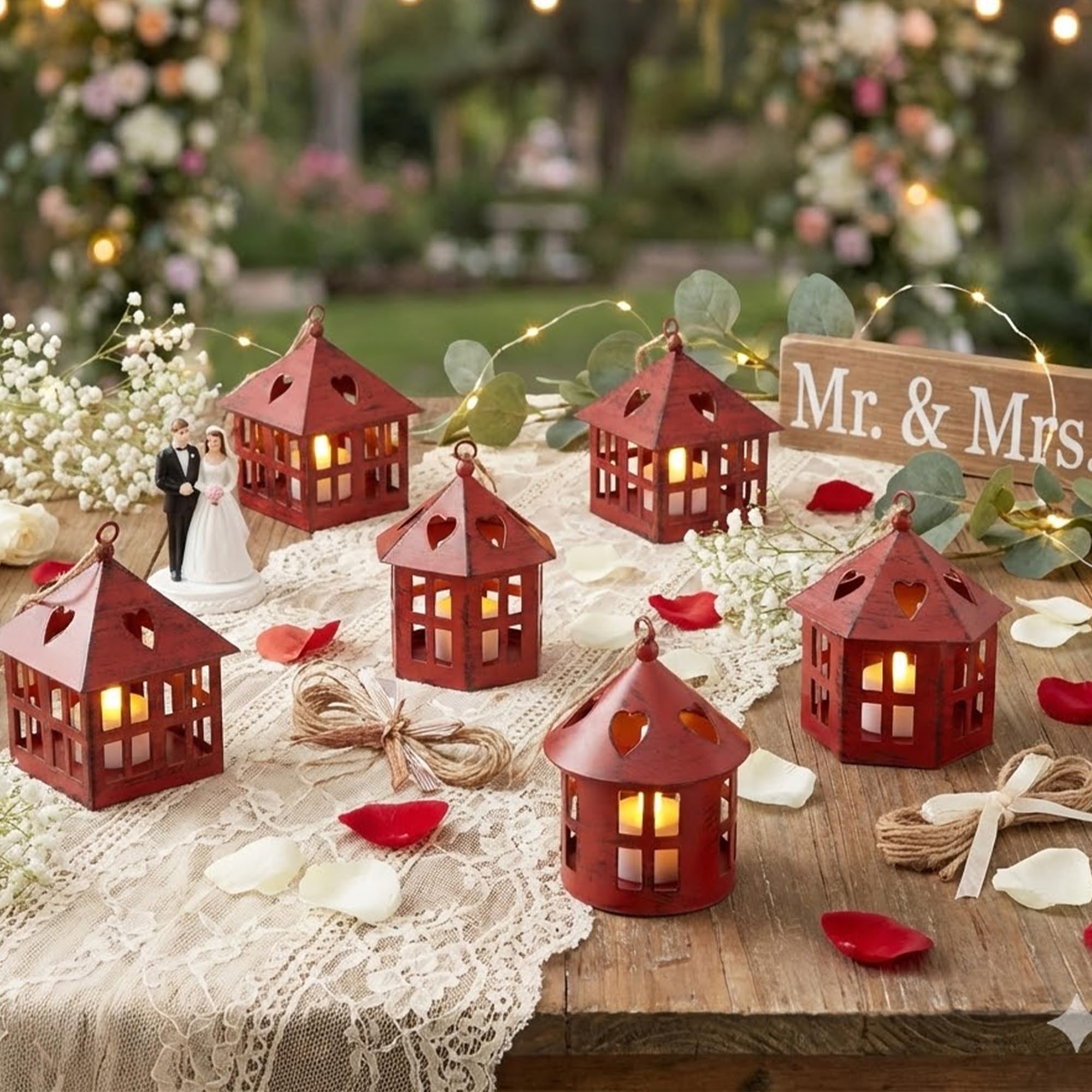 Trirocks Wine Red Brushed Black 6 Pcs Metal Decorative Hanging Candle Lanterns 10Cm High Small Lanterns For Tealight Candle, Candle Tea Light Holders For Tables Wedding Party Indoor Outdoor Gifts (Wine Red Brushed Black)