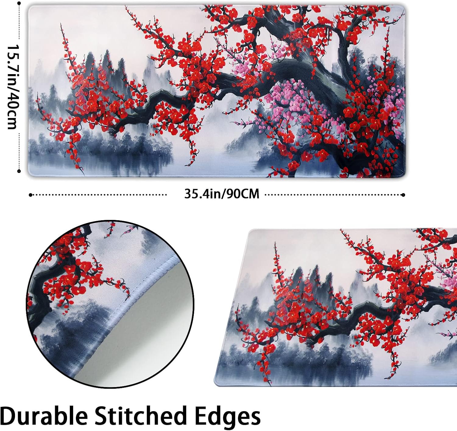 Cherry Blossom Mouse Pad Japanese Sakura Watercolor Hill Extended Desk Mat 90X40 cm Non-Slip Rubber Base Stitched Edge Large XXL Playmat for Keyboard Gaming Laptop Computer Desktop,35.4×15.7 Inch
