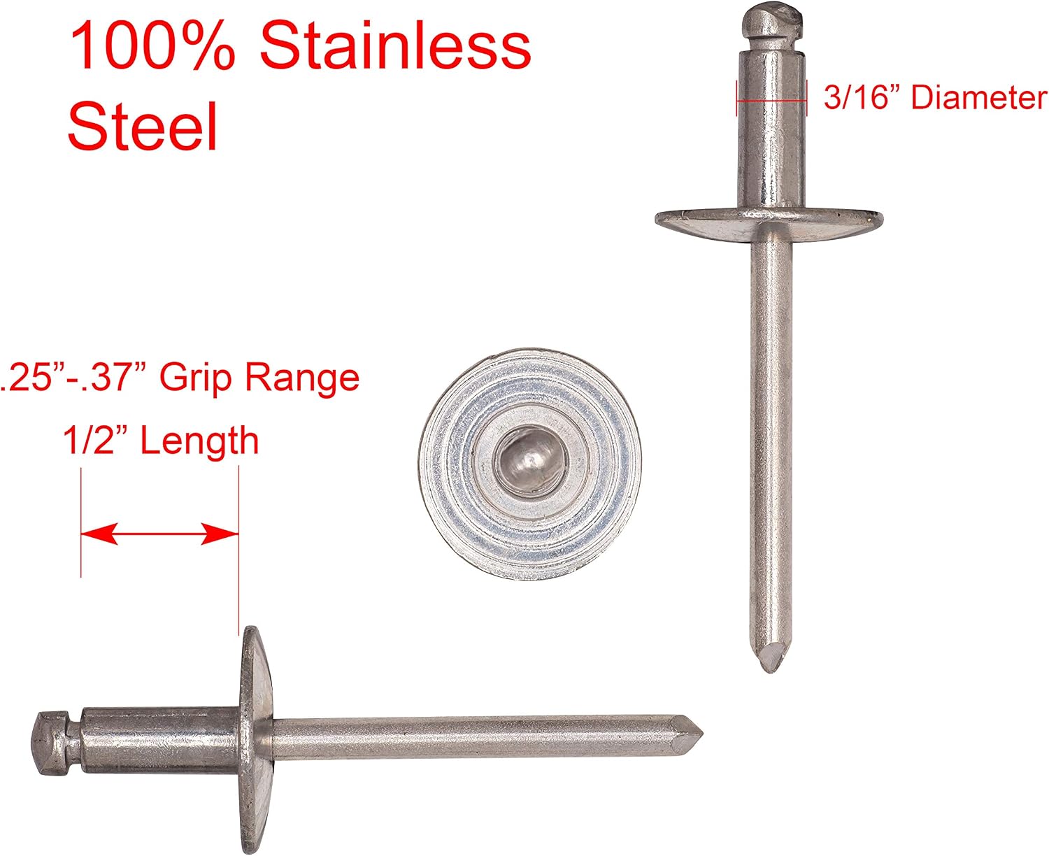 Large Flange Rivets, Stainless Steel, 1/8" x 1/4" Inch, (4-4) (25 Pack), Gap (0.188-0.250)", Corrosion Resistant Commercial Grade Bolts by Bolt Dropper.