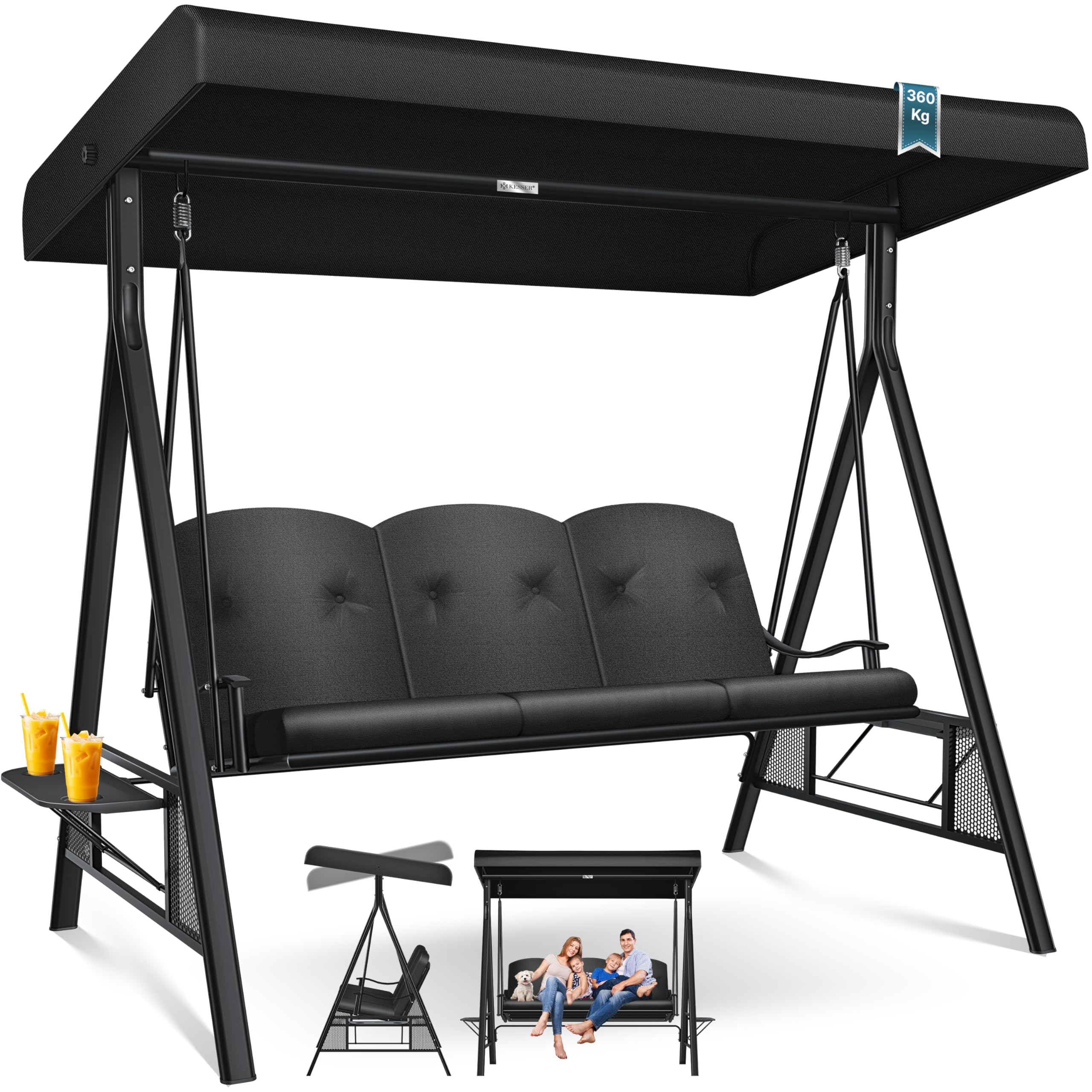 KESSER® Dondolo Hollywood con tettuccio parasole, 3 Posti, cuscino di seduta, Portata fino a 360 kg, Sdraio da Giardino con piedini antiscivolo, Uso Esterno e Interno, Idrorepellente, Nero