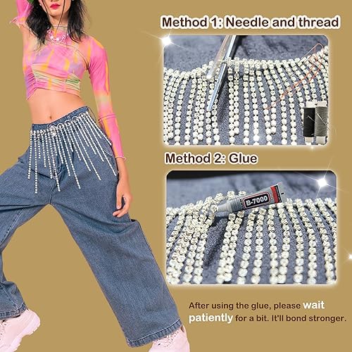 Miniatura 6 de Borde de flecos de diamantes de imitación con 2 pegamentos, borla de diamante brillante con purpurina para sombreros, ropa, bricolaje, plata