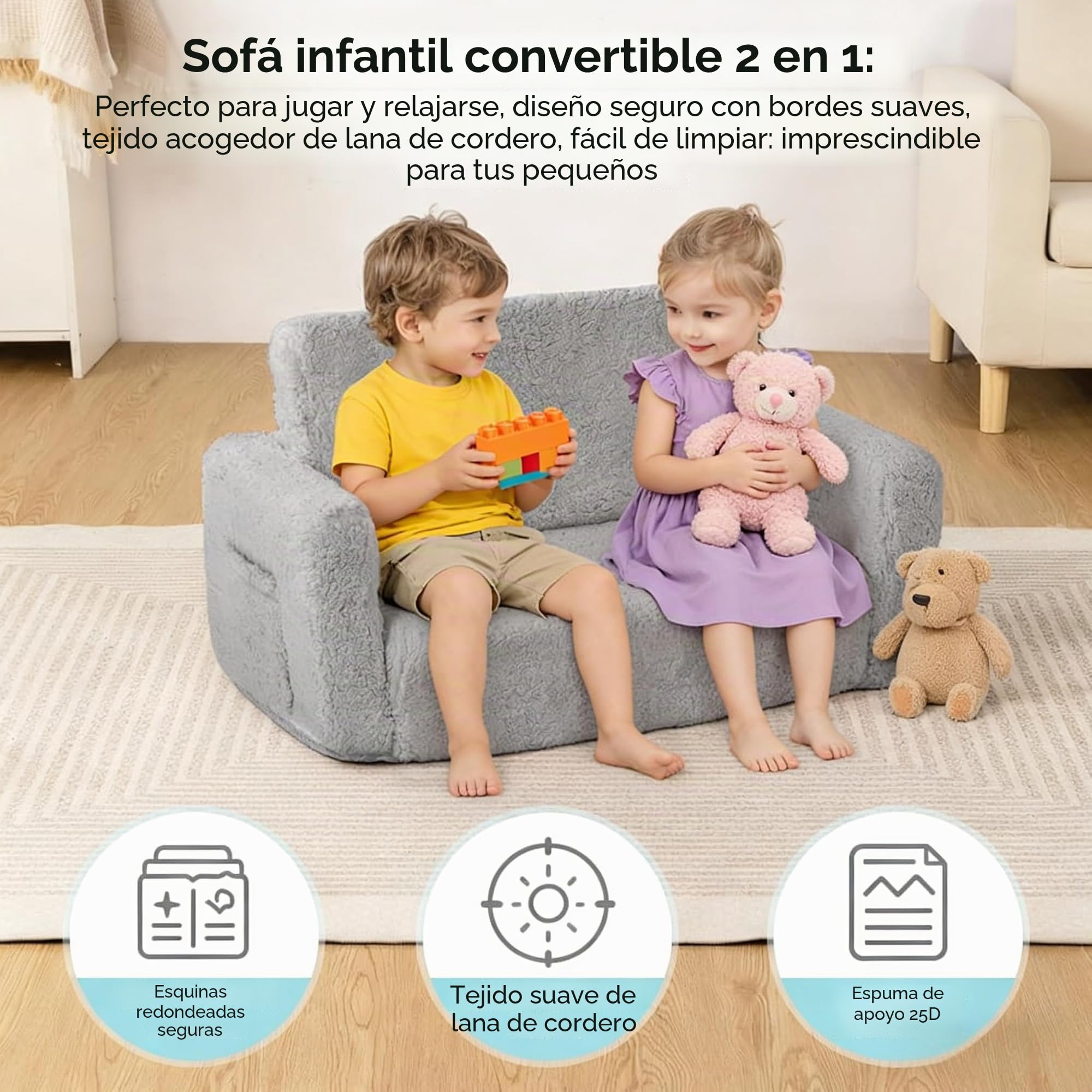 Sofá infantil desplegable, 2 en 1, sillón para niños a partir de 1 año y sofá infantil con funda extraíble – Rincón acogedor para dormitorio infantil, suave y seguro para niñas y niños (Gris)