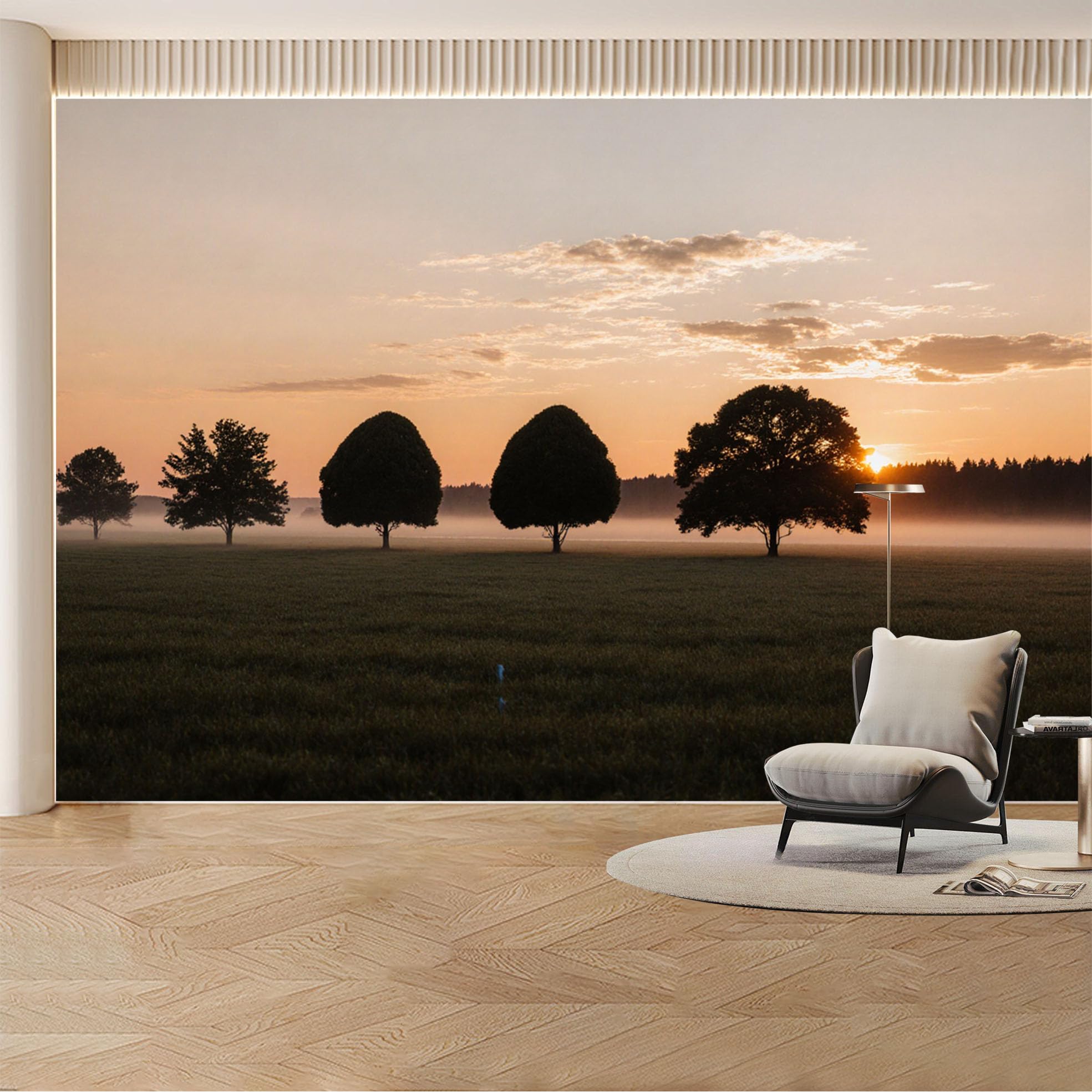 Kayorowalls Bh20260527701 Custom Wall Mural Wallpaper Misty Trees Landscape Nature Large Wall Art Sunset Minimalist Removable Selfadhesive Large Photo For Living Room， Bedroom， Office