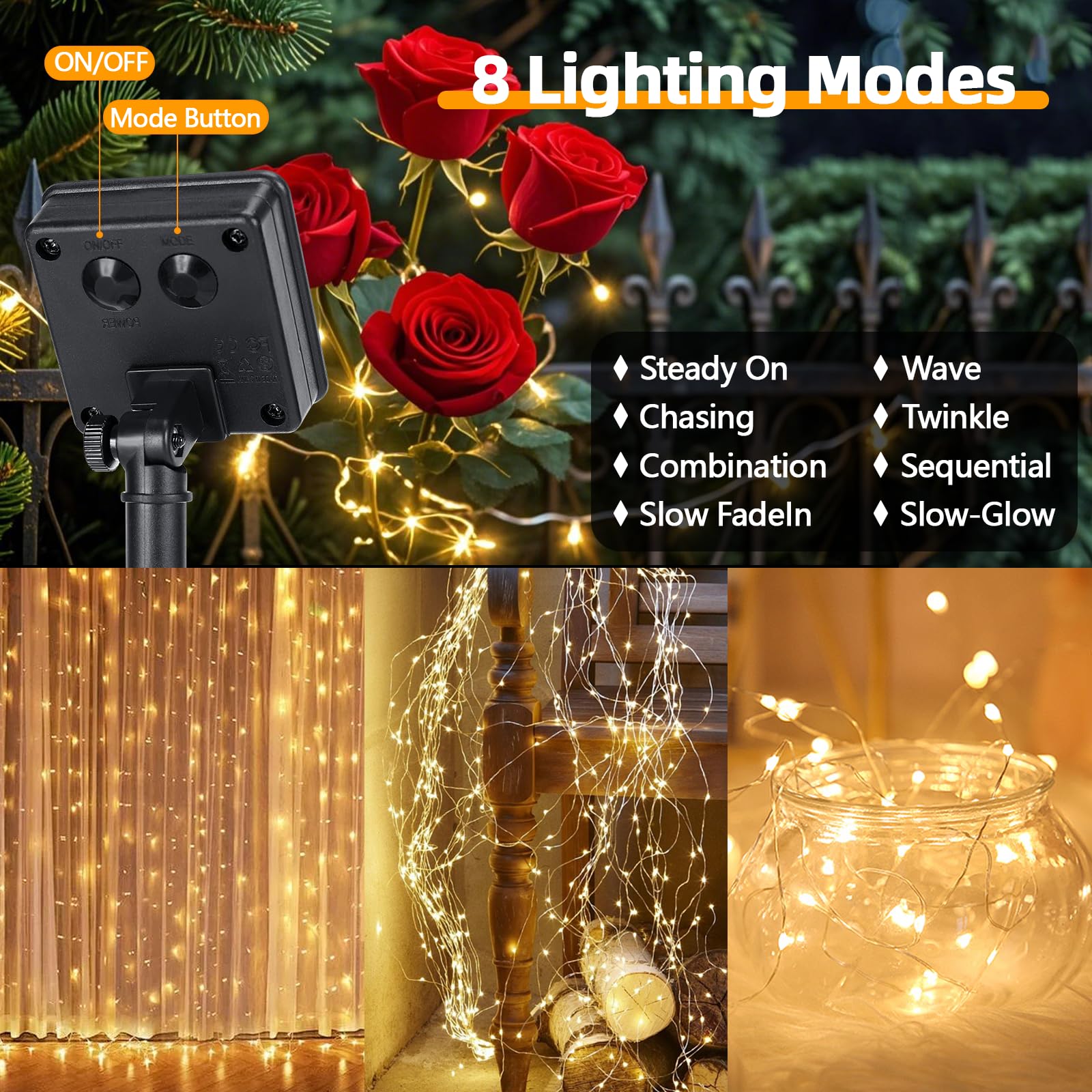 Guirnalda Luces Exterior Solar，2 Pack Luces Solares Led Exterior Jardin, 12m 120 Led Guirnalda Luz Solar Exteriors, 8 Modos, Ip65 Impermeables para Navidad, Bodas, Fiestas, Jardines (luz cálida)