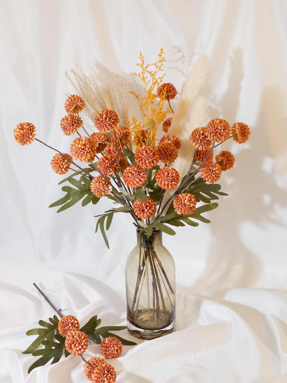 HOHOTIME 6pcs Faux Silk Pompon Mum Artificial Flowers, Bulk Fake Mini Chrysanthemums with Stems for DIY Bouquet Centerpieces Wedding Decor, Orange Neutral Floral Arrangements, Pom Pom Kiku Flower - Image 2