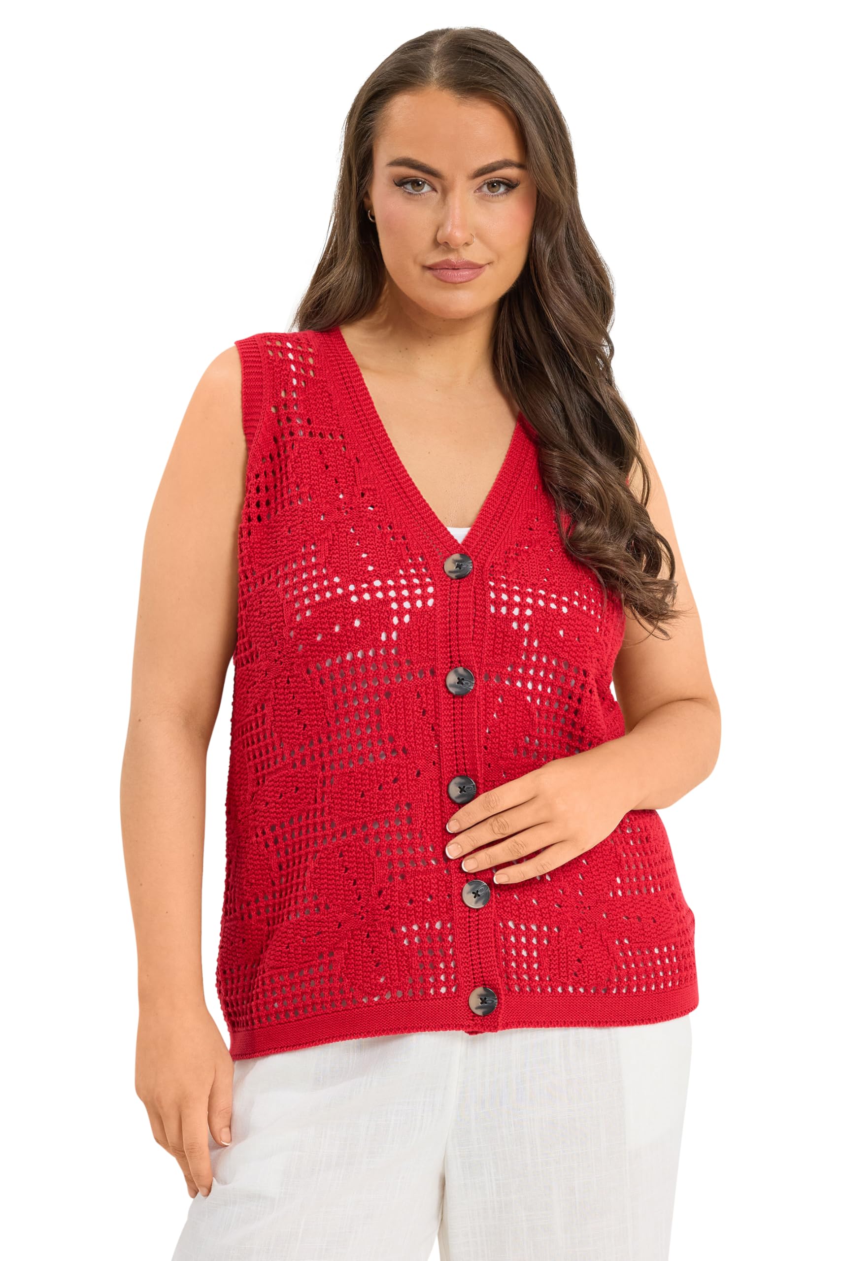 Yours Women's Crochet Knitted Waistcoat in Red | Size: 18-20