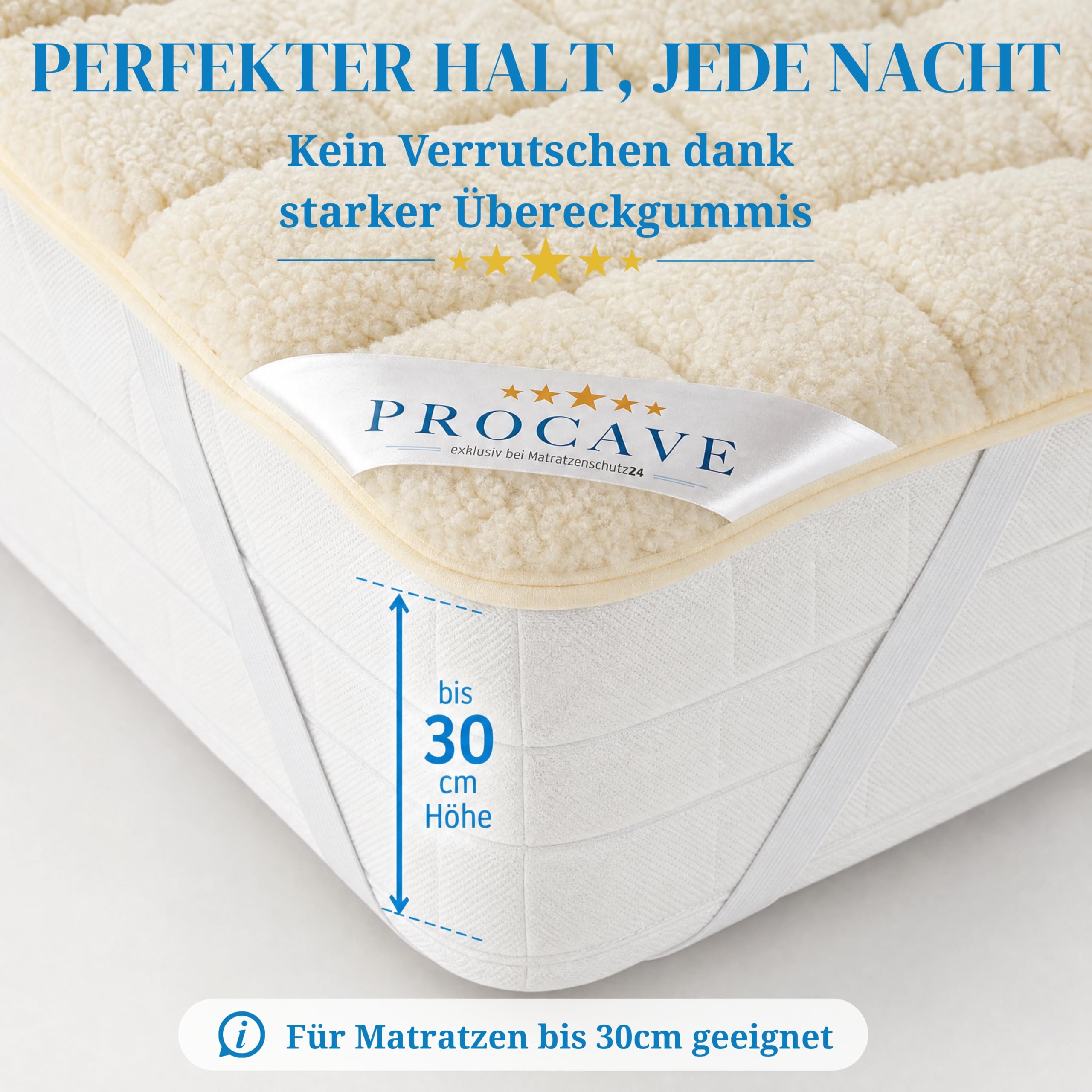 PROCAVE weiches Unterbett mit Lammflor und Schurwolle. hochwertige Matratzen-Topper. Matratzen-Schoner mit 4 Eckgummis. Matratzen-Auflage 90x200 cm
