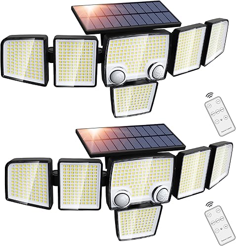 Luces solares con sensor de movimiento para exteriores, 657 cuentas de 4000 lúmenes, 3 modos de iluminación, 3 niveles de brillo, 6 cabezales de