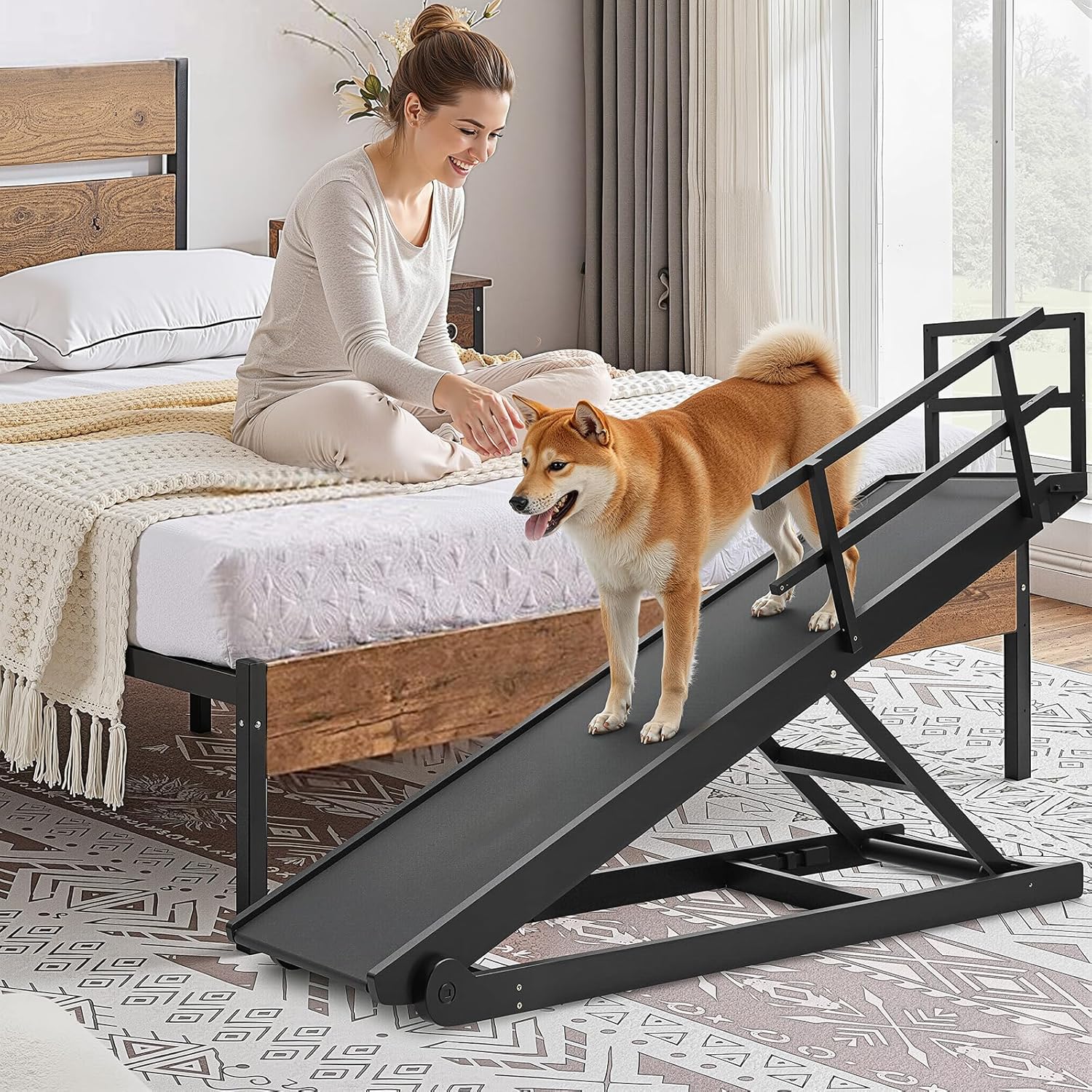 ABORON Folding Pet Ramp, 5-Level Adjustable Dog Ramp for Bed, Couch, SUV - High Traction Rubber Surface, Supports up to 200 lbs, 45.2" Long - Ideal for Small & Large Dogs & Cats,Black Finish