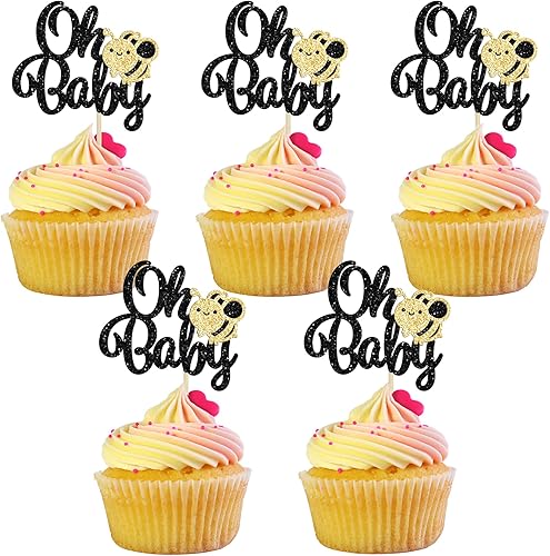 Gyufise 24 adornos para cupcakes con purpurina de Bumble Bee Oh Babee con purpurina para cupcakes de abejas de abejas para temática de abejas, baby