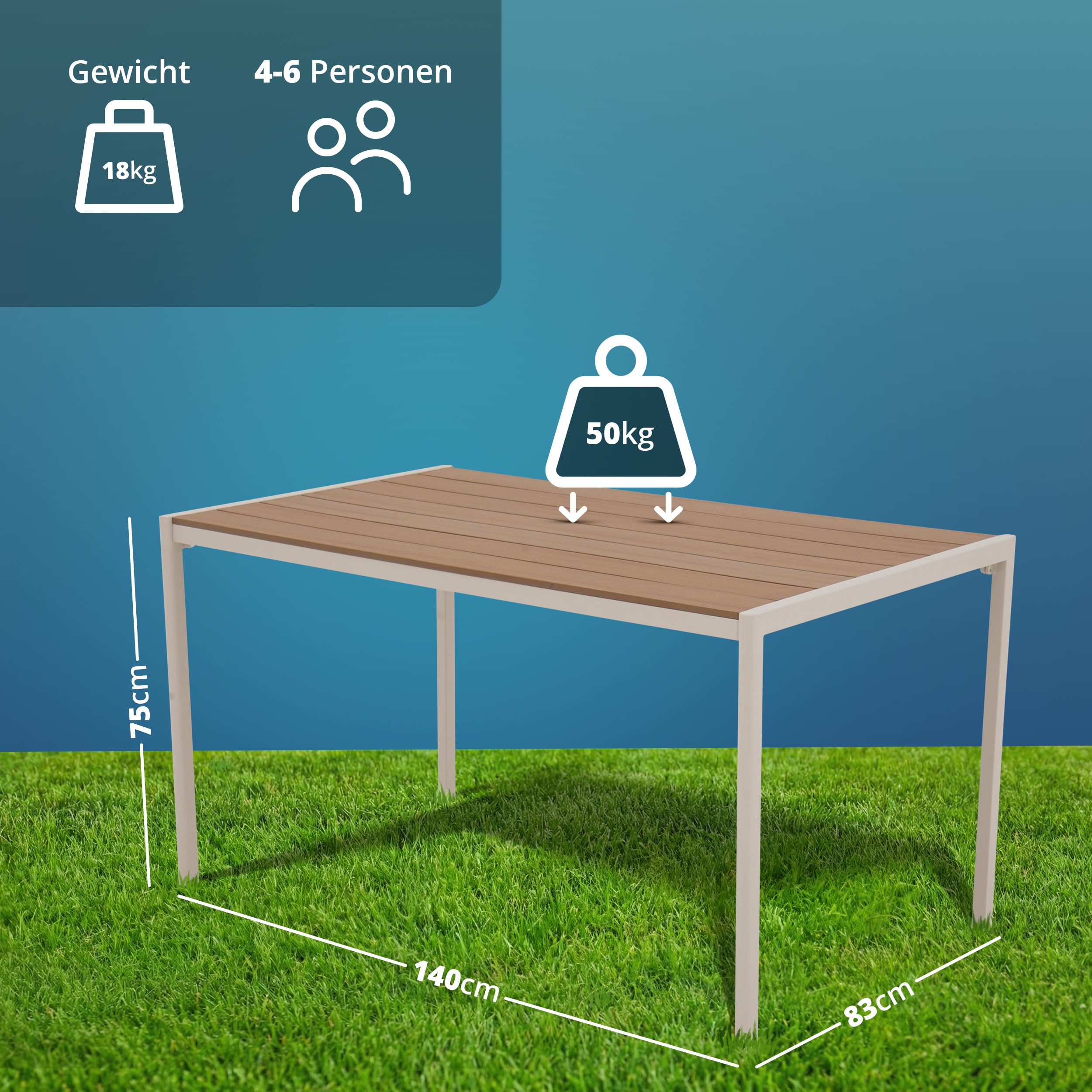 KHG Gartentisch beige, Esstisch Stahl-Gestell und Tischplatte Polywood | in Teak-Optik für 6 Personen, wetterfest UV-beständig, 83x75x140 cm, für Wohnraum und Alltag, praktisch für Zuhause
