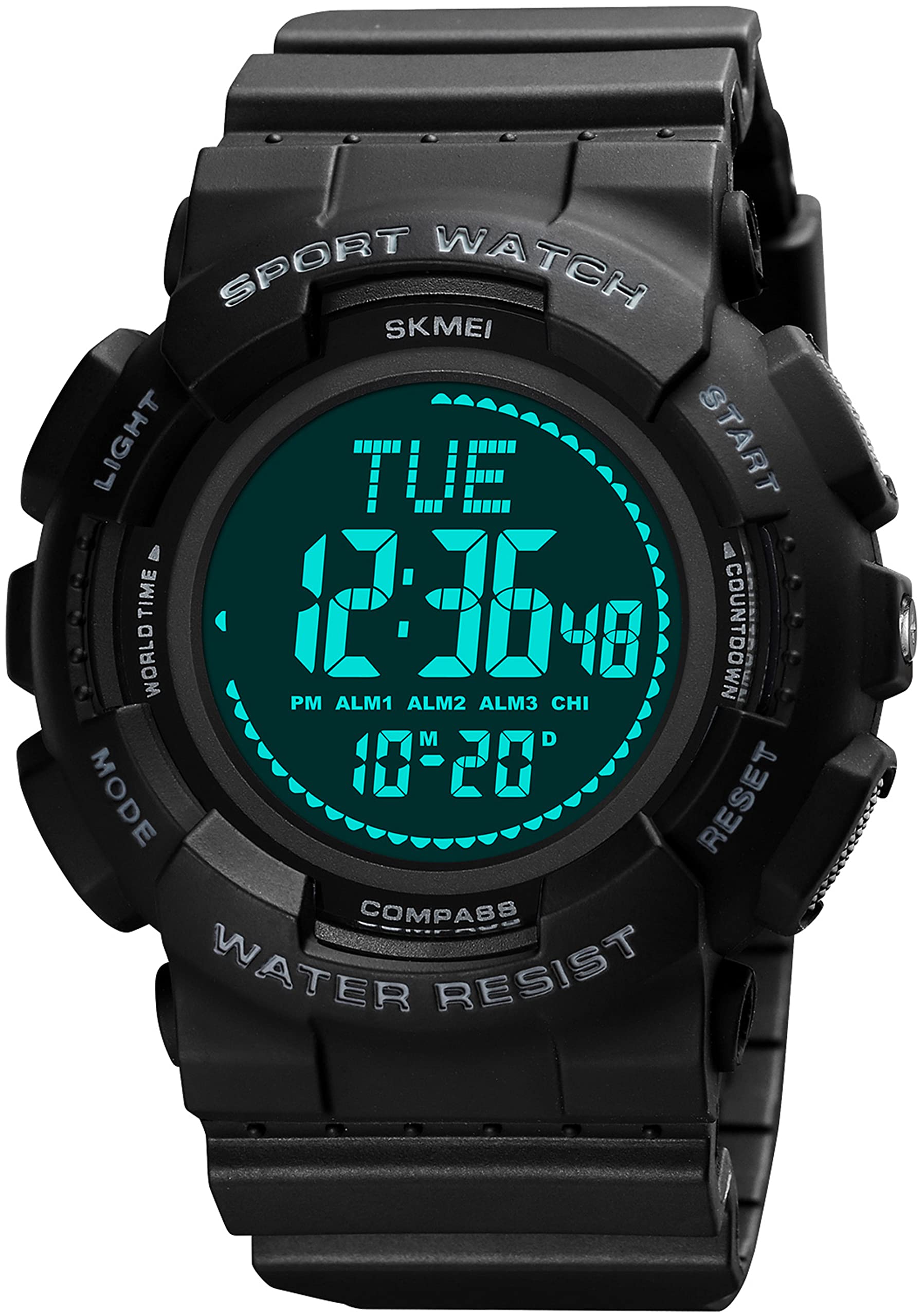 Mens Digital Compass Watches Outdoor Military Tactical Sports Watch 50m Waterproof Alarm LED Electronic Stopwatch Army Wristwatches for Men with World Time 12/24H