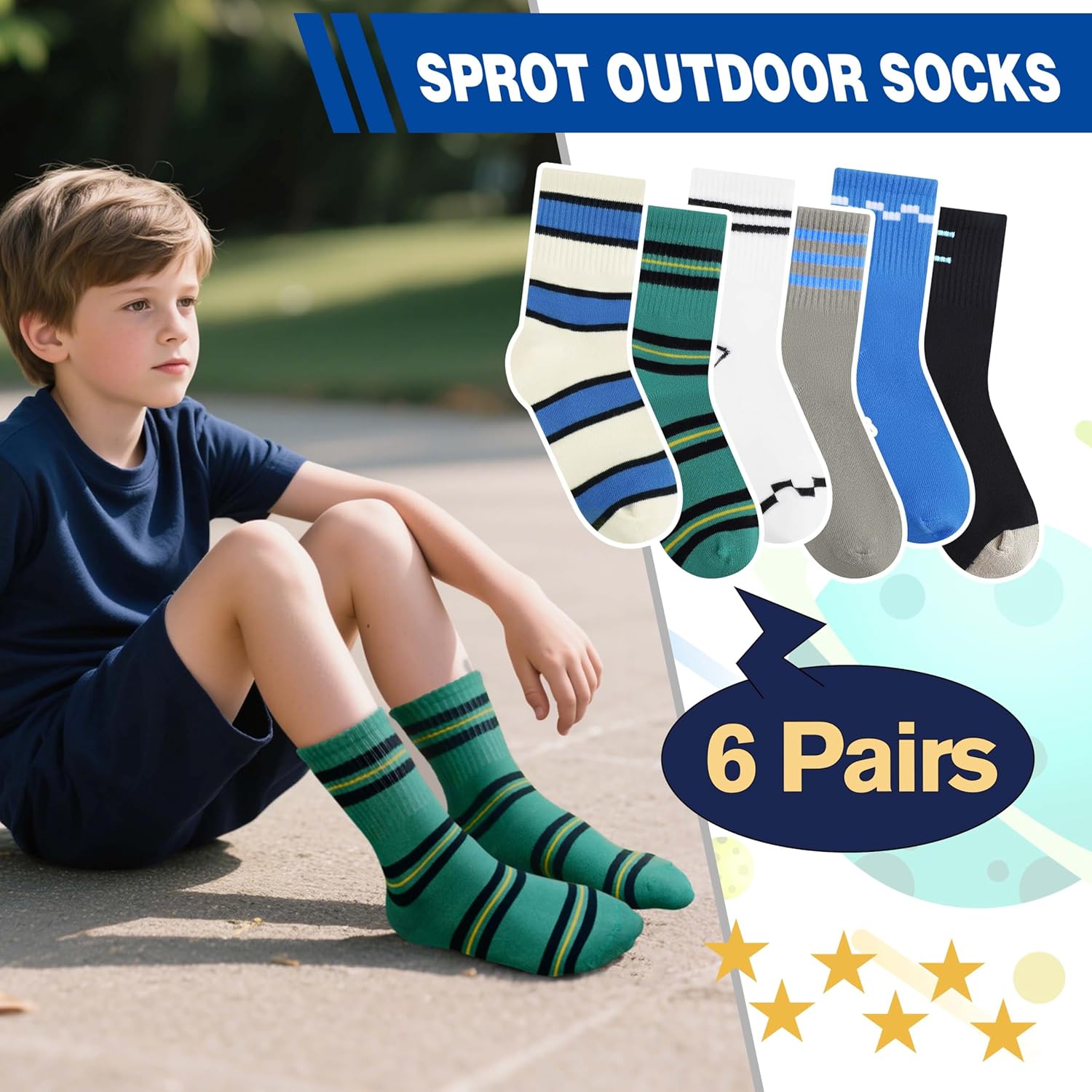 Kids Boys Girls Athletic Sport Socks Basketball Outdoor Cotton Crew Breathable Striped Socks 6 Pairs - Image 5