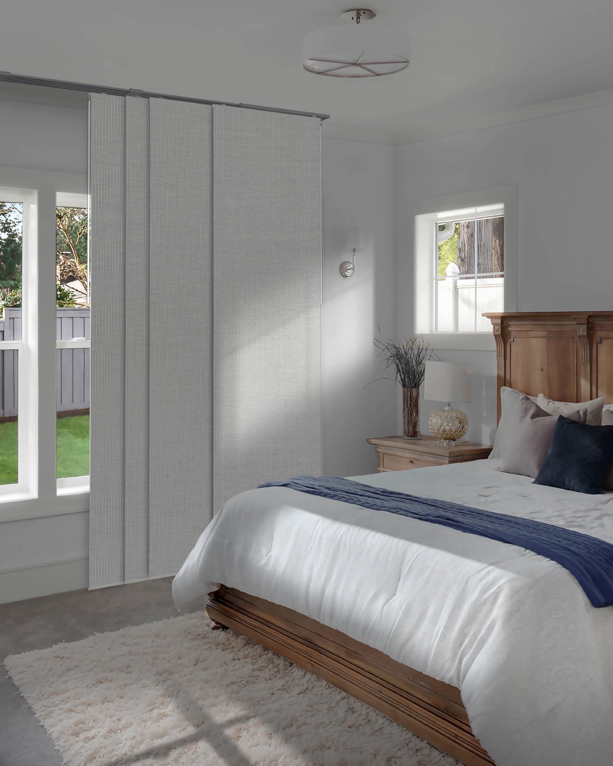 GoDear Design99.99% Blackout Adjustable Sliding Panel Track Blinds 45.8"- 86" W x 96" H, Extendable Blinds for Sliding Glass Patio Doors, Trimmable Natural Woven Panel Curtains, Snowfall Night