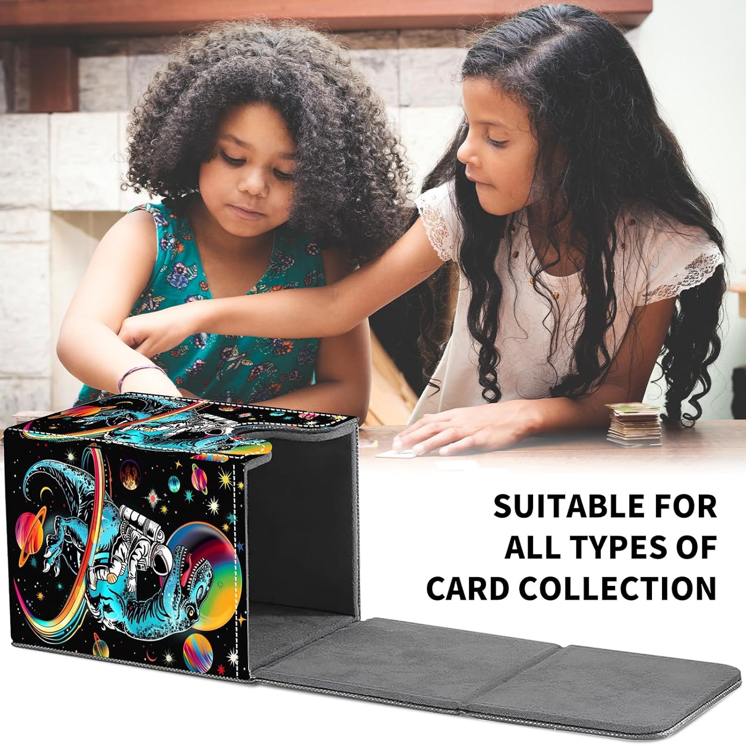 Card Deck Box for MTG Trading Cards, Magic Card Box Can Hold 110+ Single Sleeved Cards, Waterproof PU Leather Material, Strong Magnetic Buckle Card Set Box Suitable for TCG CCG, Astronaut Dinosaur