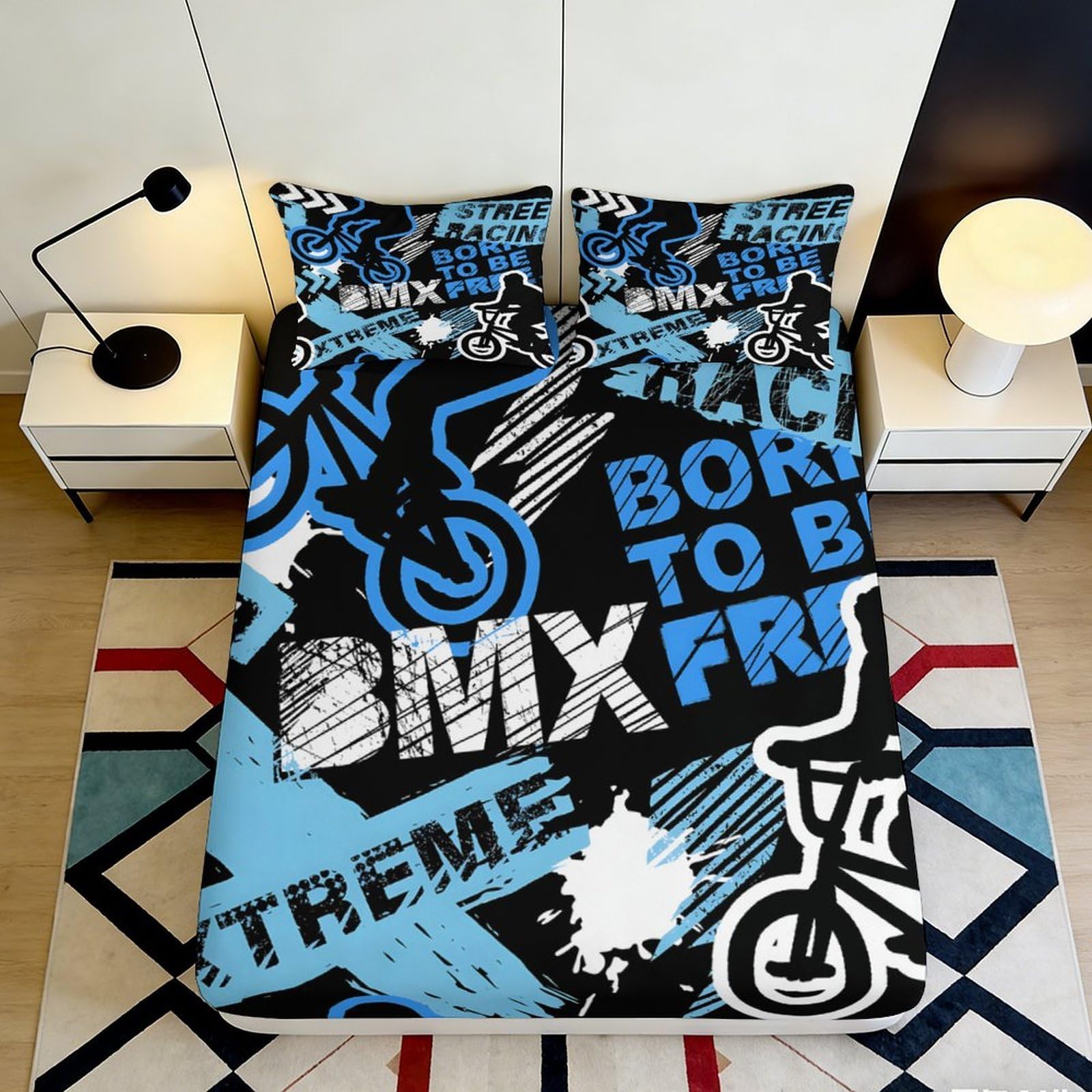 Pnayamiorkfel Style-5 3D Printed Bmx Graffiti Fitted Sheet Microfiber Skater Street Bicycle Bed Cover For Bedroom Dorm Easy Care Decor 90X200x25cm