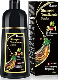 Shampoo Colorante KAISASA 3 em 1 para Cabelos Grisalhos, Preto, Efeito Semipermanente, com Óleo de Argan e Cúrcuma