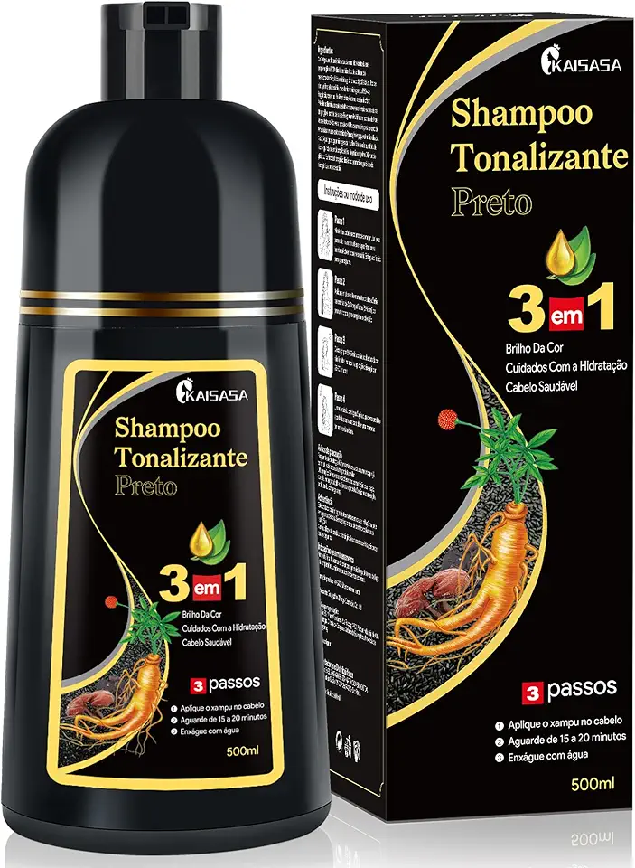 Shampoo Colorante KAISASA 3 em 1 para Cabelos Grisalhos, Preto, Efeito Semipermanente, com Óleo de Argan e Cúrcuma