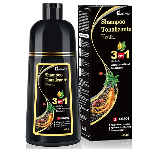 Shampoo Colorante KAISASA 3 em 1 para Cabelos Grisalhos, Preto, Efeito Semipermanente, com Óleo de Argan e Cúrcuma