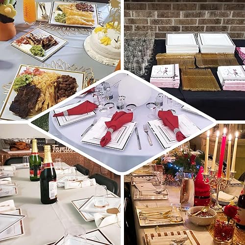 Miniatura 5 de Efavormart - Paquete de 10 platos cuadrados desechables de plástico de 10 pulgadas con borde dorado rosa brillante para bodas, cumpleaños, fiestas,