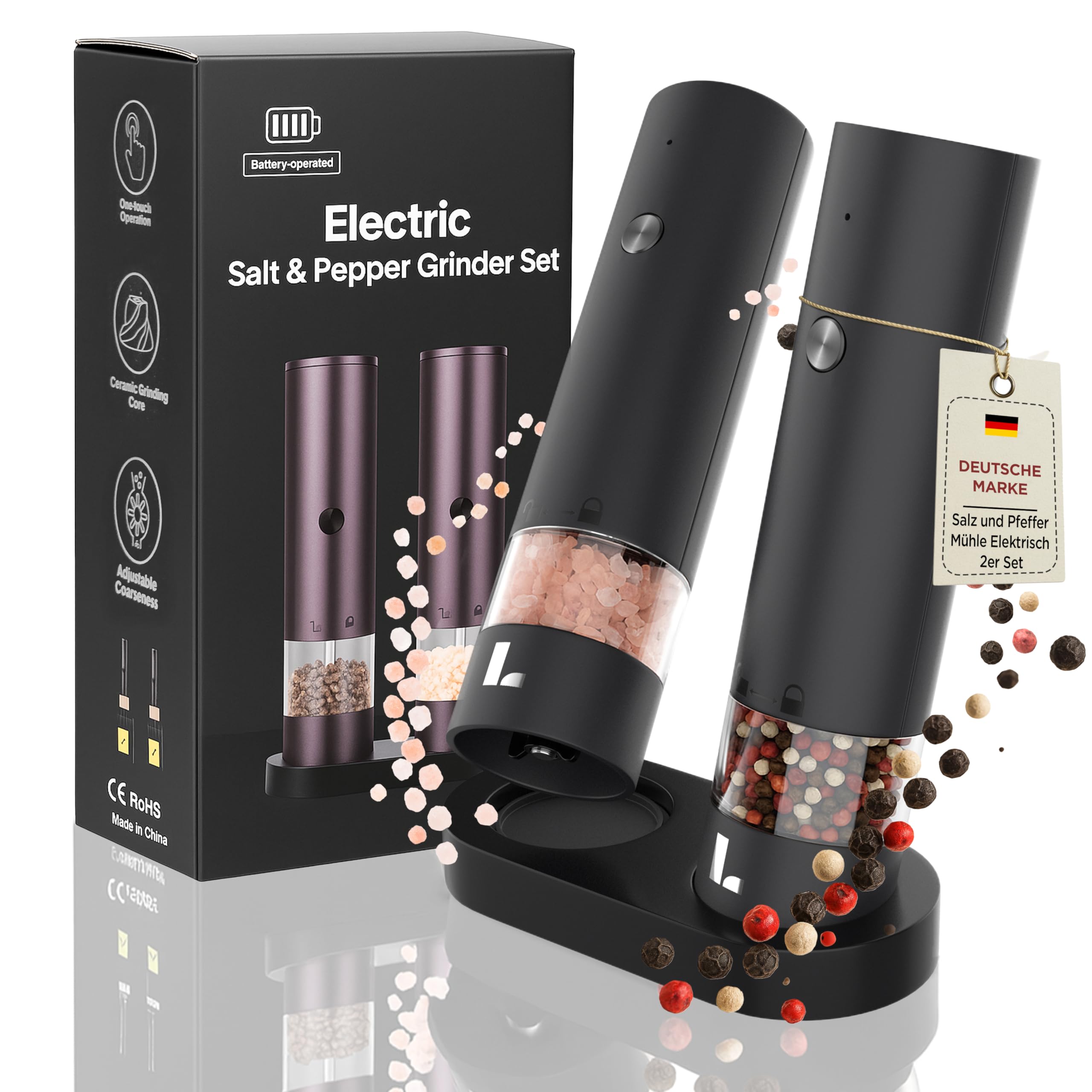 LUNARIA Molinillo de especias eléctrico [PREMIUM] – Juego eléctrico de pimienta y sal, juego de molinillo de pimienta eléctrico recargable, grado de molienda ajustable y luz LED, diseño de alta