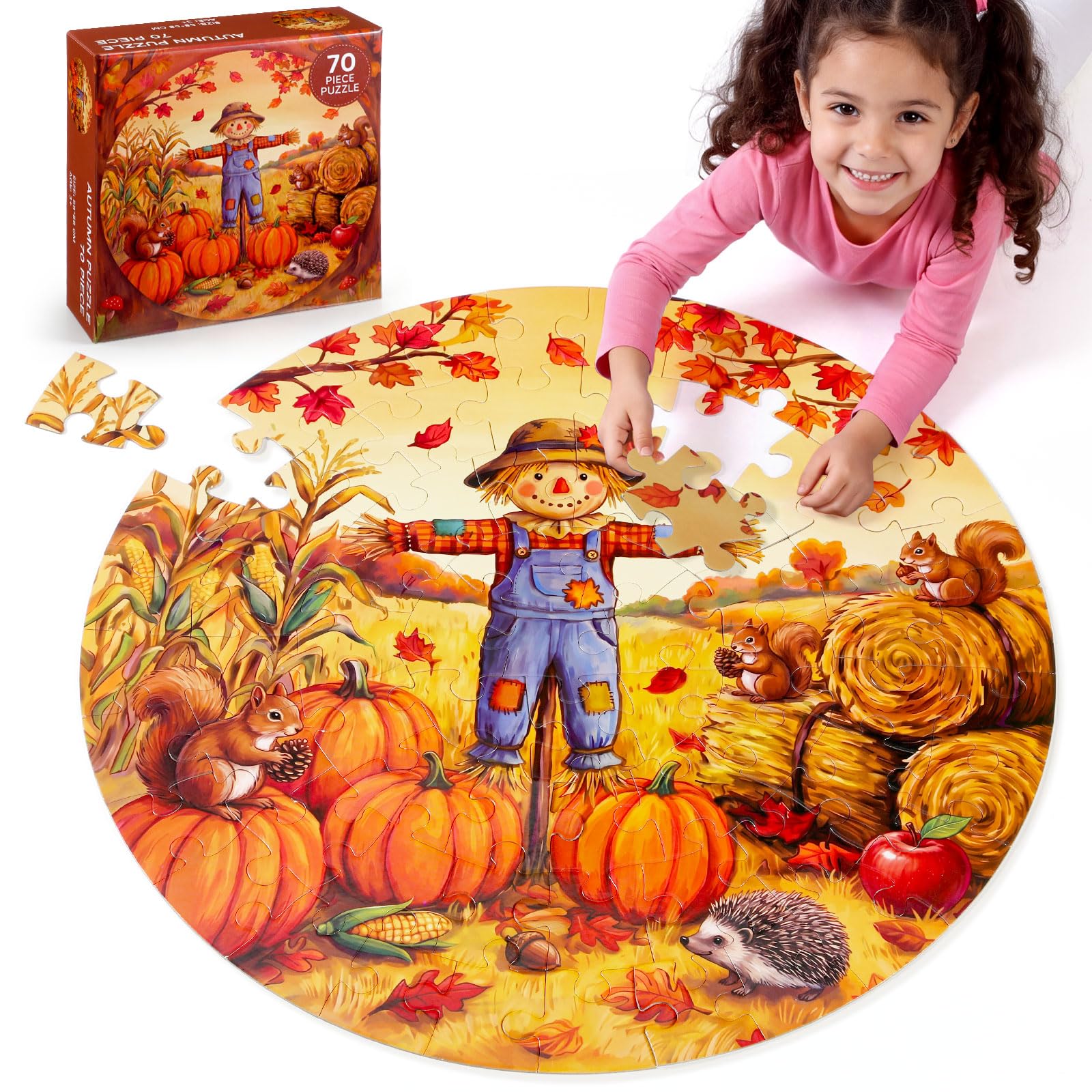 70 Pieces Fall Floor Puzzle for Kids Ages 3-9 Round Jigsaw 23"
