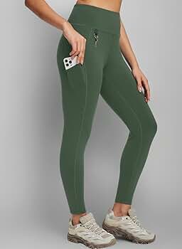 baleaf Damen Wanderhose Sport Leggings mit 3 Taschen Outdoorhose Trekkinghose Cargohose Schnelltrocknend UPF 50 Grün XS