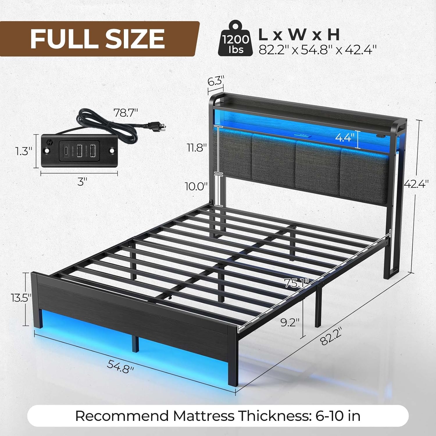 Rolanstar Bed Frame Twin Size with Charging Station and LED Lights, Upholstered Headboard with Storage Shelves, Heavy Duty Metal Slats, No Box Spring Need, Noise Free, Easy Assembly, Dark Grey - Image 2