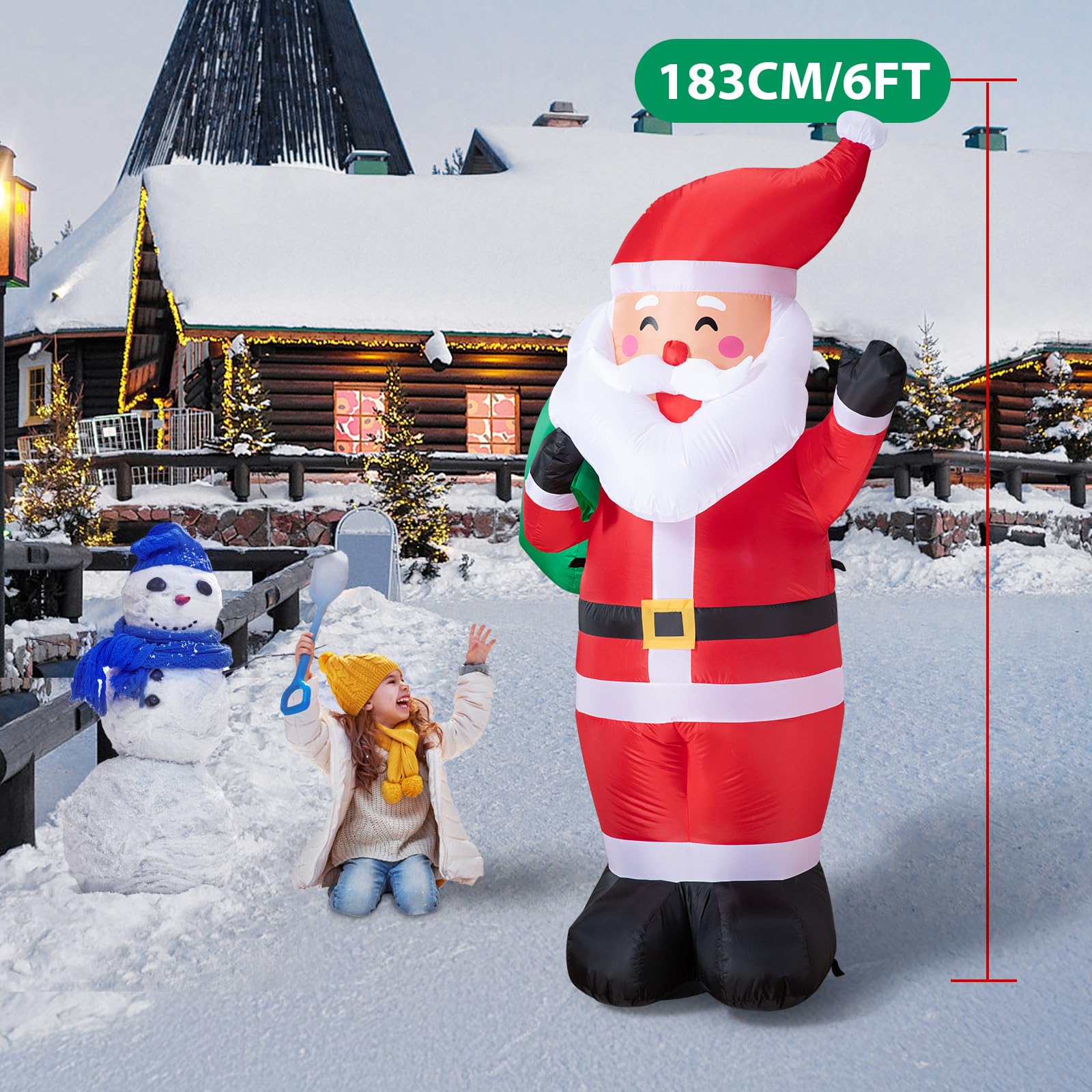 183CM/6FT Père Noël Gonflable avec Lumières LED, Décoration de Jardin, Utilisation Intérieure et Extérieure, Décoration de Noël