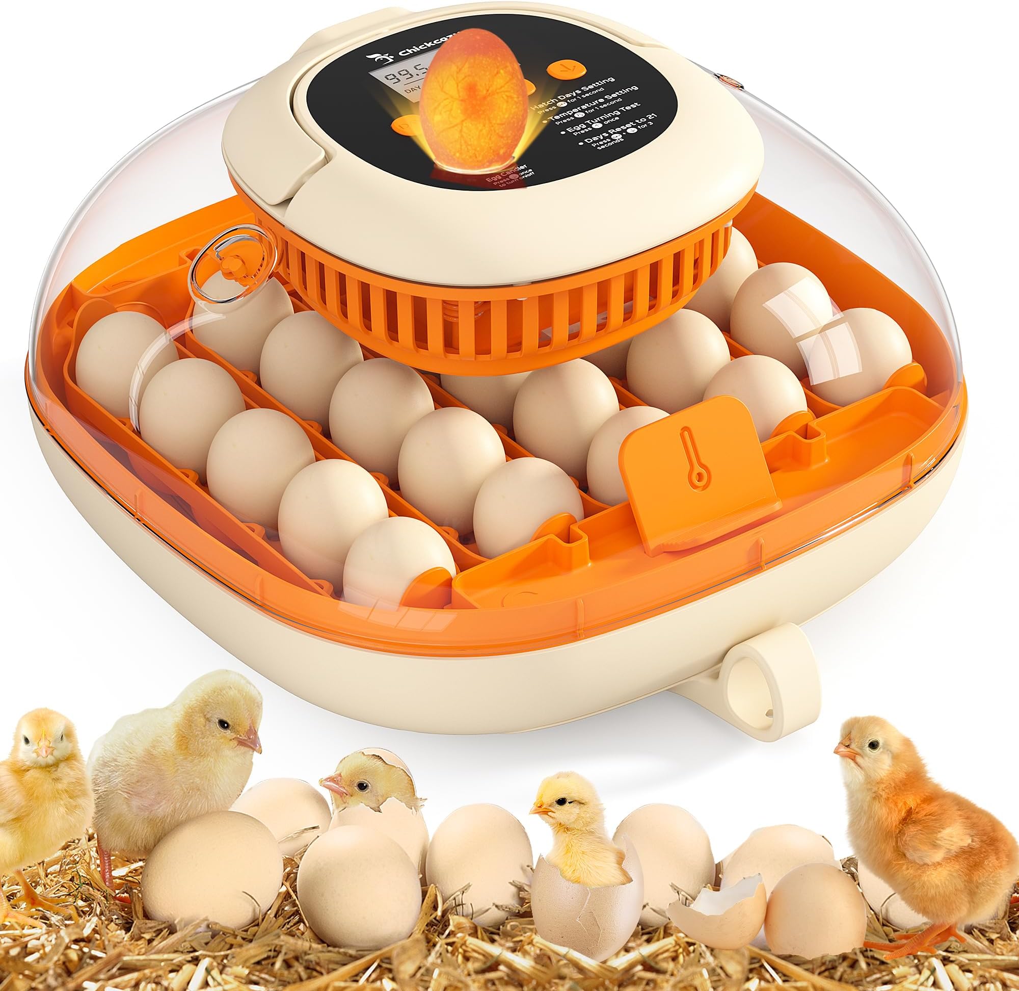 [2024 Upgrade] 25 Egg Incubator, Automatic Egg Turner with Thermometer Seat and Humidity Control, Egg Candler, 360° View with Clear Window, Incubators for Hatching (Sunlit Orange)