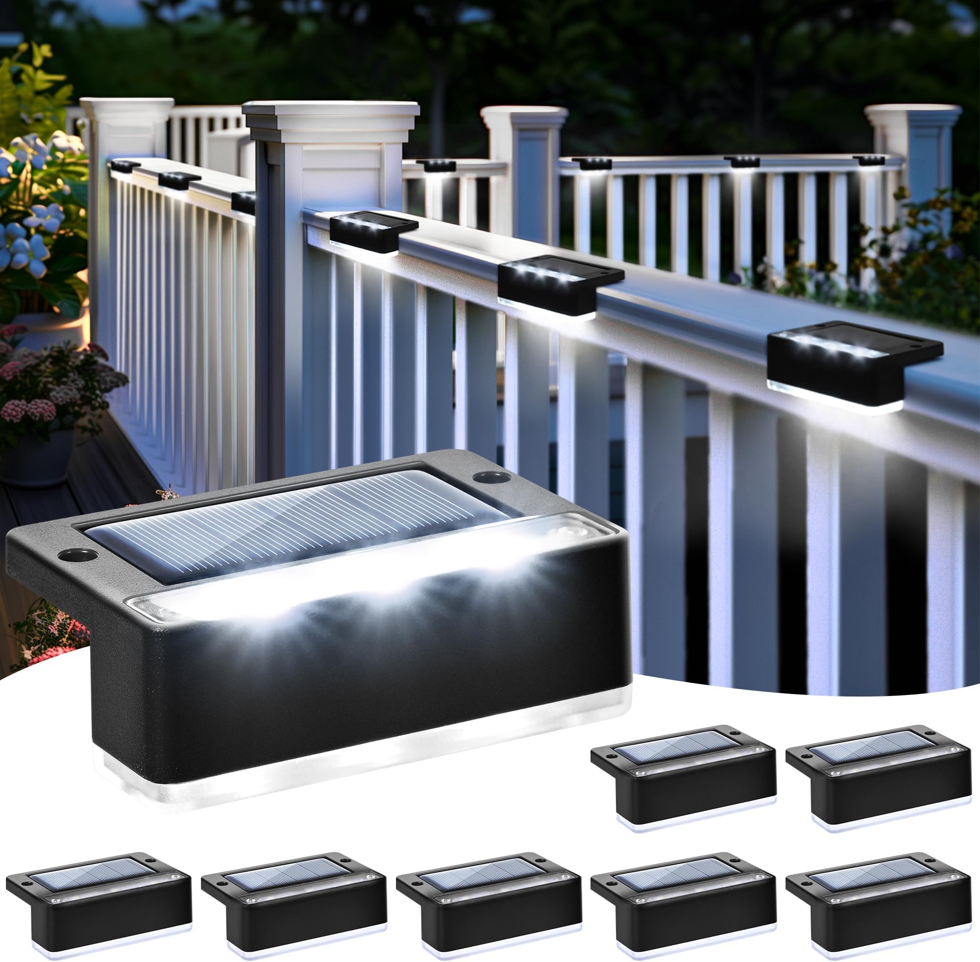Solpex Solar Fence Lights, 8 Pack LED Solar Stair Light Waterproof, Outdoor Step Lights for Garden, Yard, Patio, Gutter, Pathway (Cold White, Black)