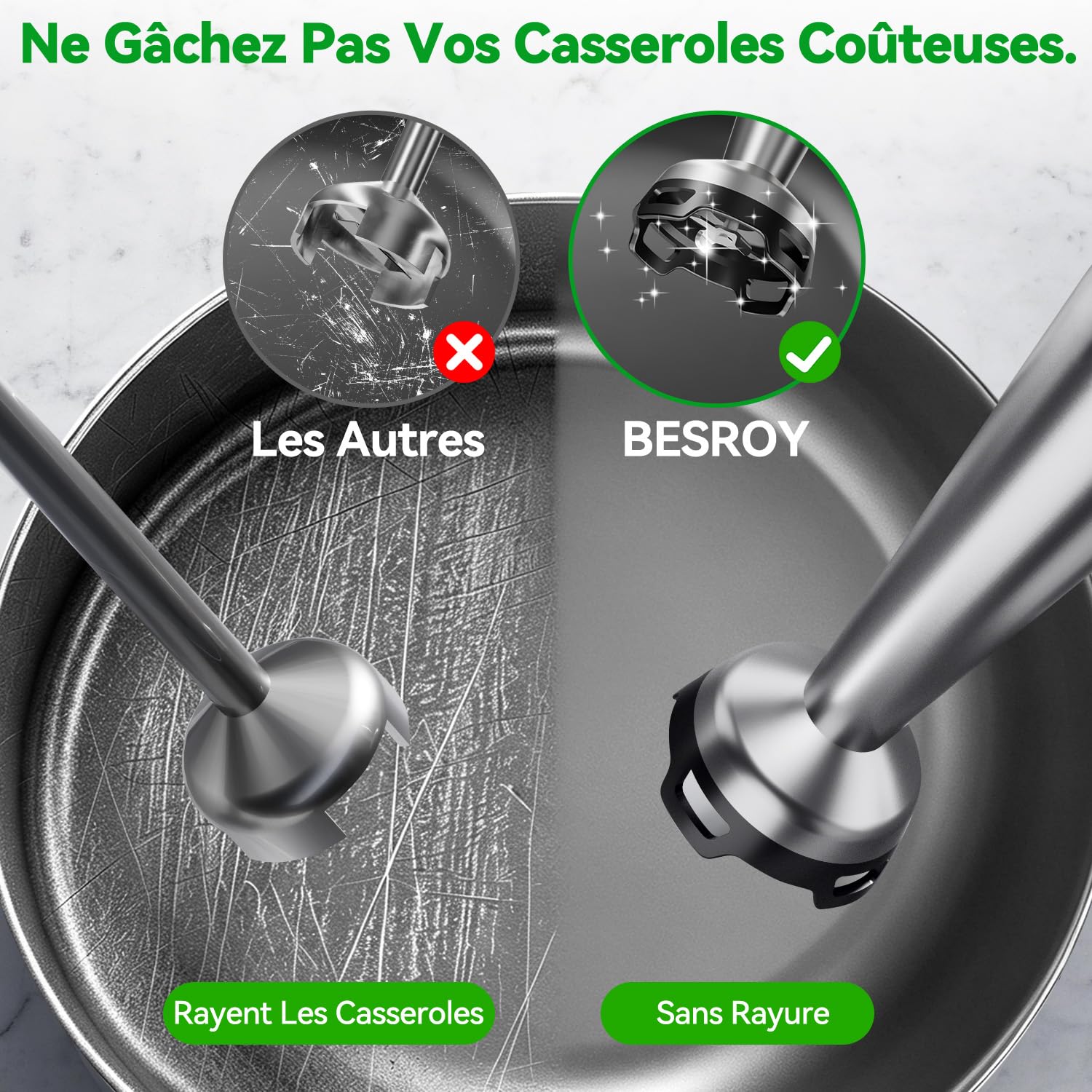 BESROY Mixeur Plongeant 5 en 1, 1100W, Vitesse Progressive, Lames Inox & Protection Anti-rayures, Hachoir Électrique, Fouet, Mousseur à Lait, Verre Doseur, pour Soupe, Smoothie, Purée