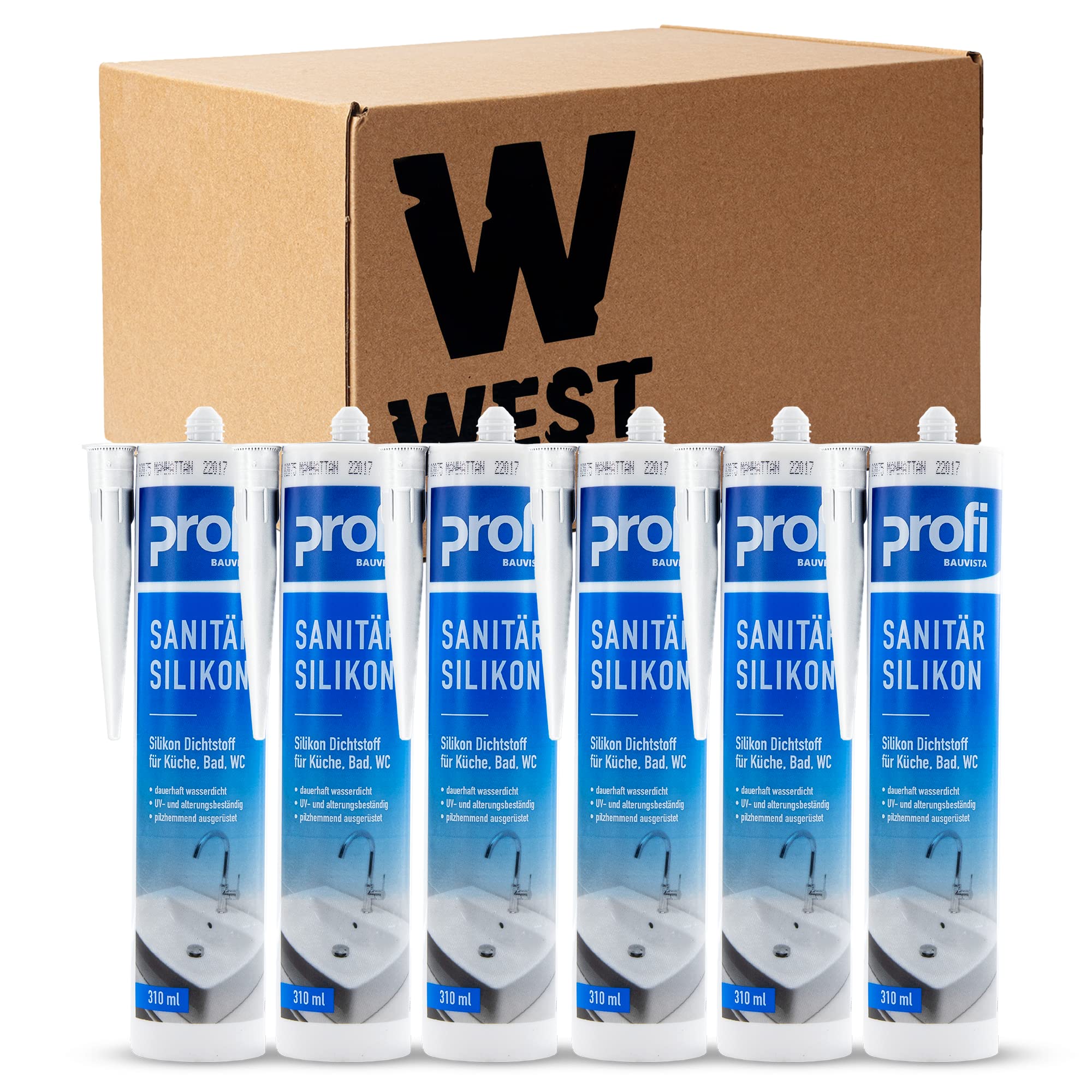 Set aus 6x Profi Sanitär Silikon 310ml, Sanitärsilikon weiß, Dichtstoff wasserdicht, ideal für Sanitärbereich, Küche, Bad, WC, Glas, Fliesen, Keramik