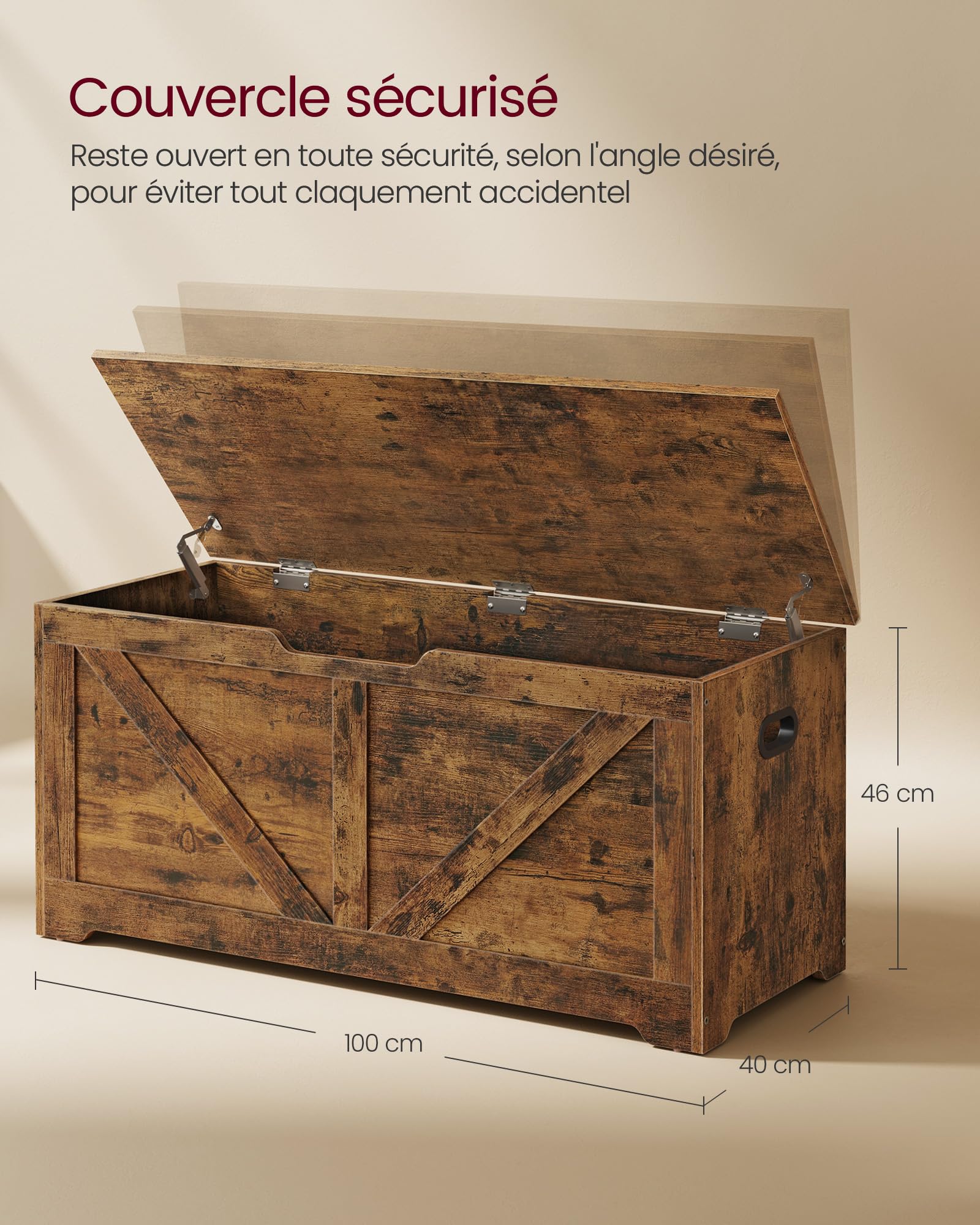 VASAGLE Coffre de Rangement, Banc Chaussures, Meuble Entrée, avec 2 Charnières de Sécurité, Imitation Grange, 40 x 100 x 46 cm, pour Couloir, Chambre, Salon, Marron Rustique LSB060T01