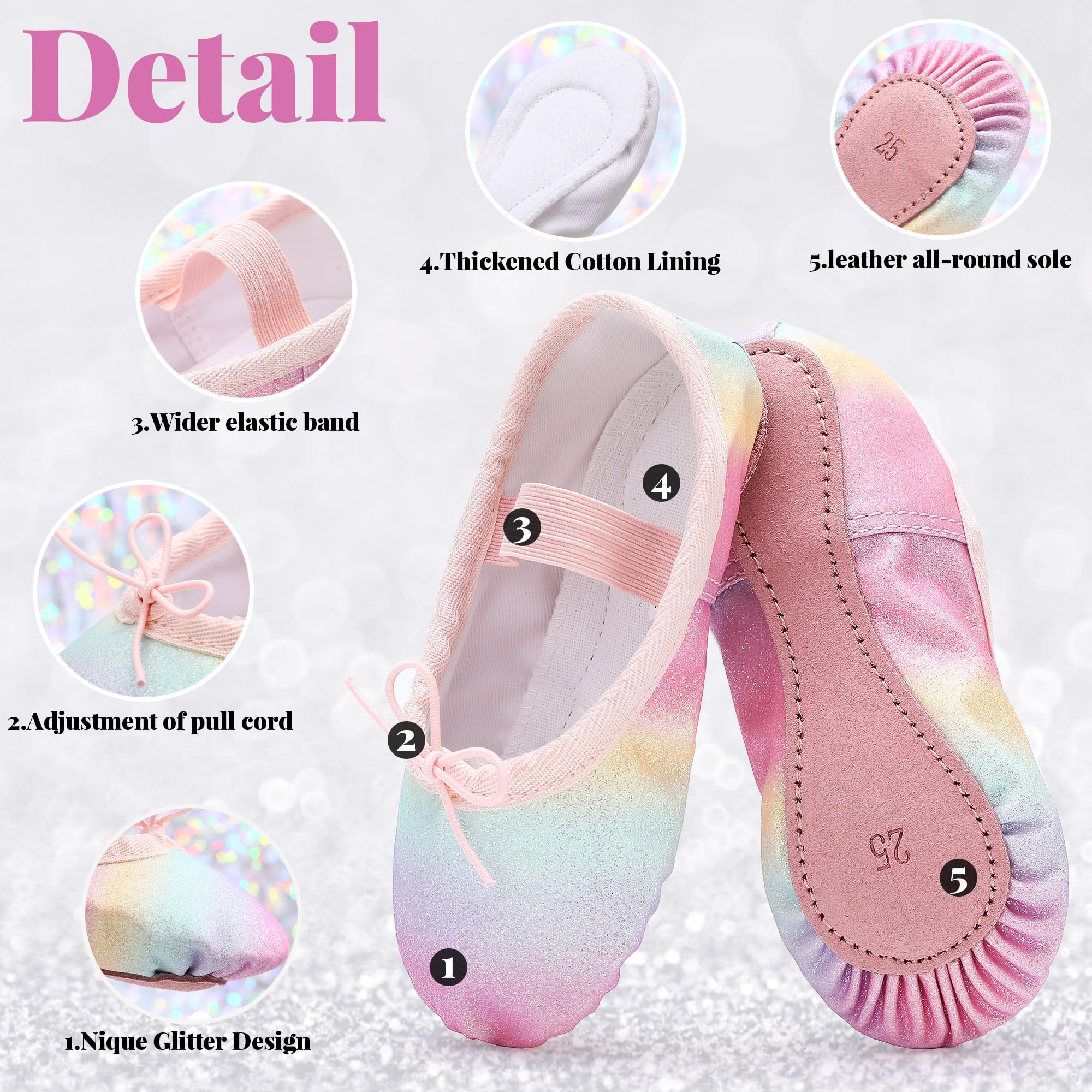 Zapatos de ballet para niñas, zapatos de ballet con purpurina, zapatillas de baile de piel, suela completa, zapatos planos de ballet para niños y niños pequeños — view 3