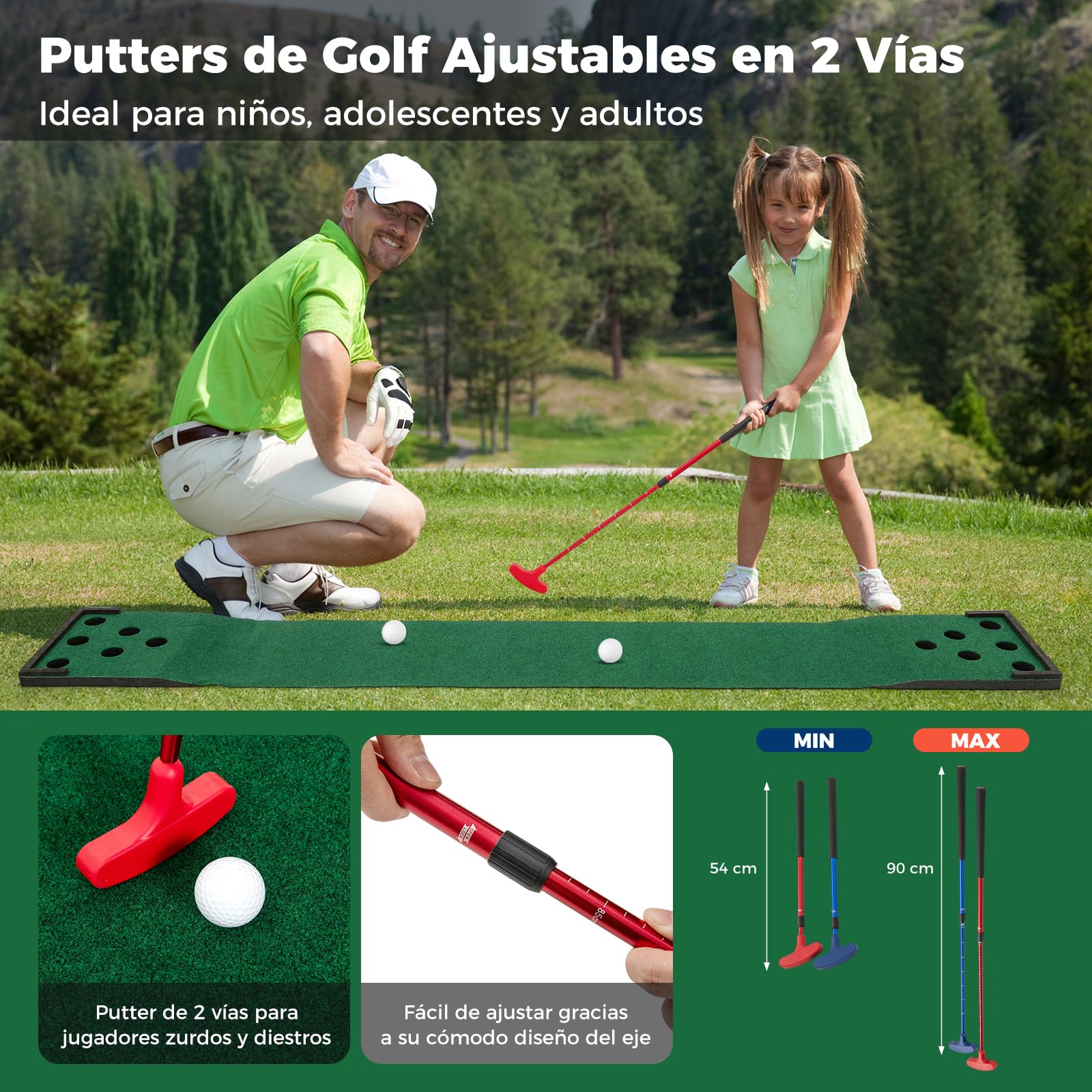 GYMAX Alfombra de Putting Práctica, Juego de Golf Mat Portátil con 2 Putters Ajustables,6 Bolas, Bolsa de Transporte para Interior, Exterior Case, Oficina, Entrenamiento Mini Golf