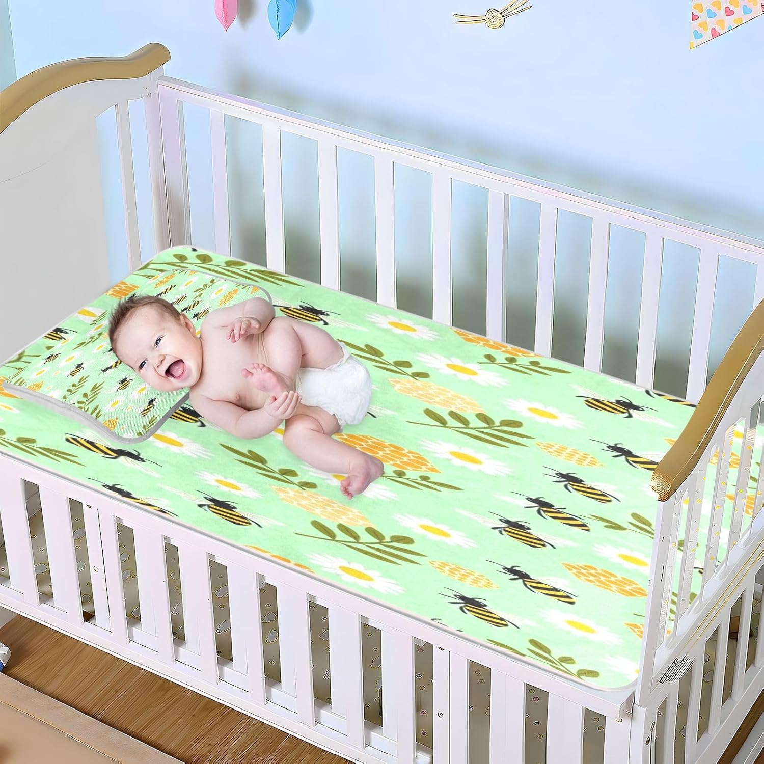 Cooling Baby Waterproof Mattress 28" x 52" Breathable Yellow Cute Bumble Bee Flowers Bed Pads for Baby&Toddler