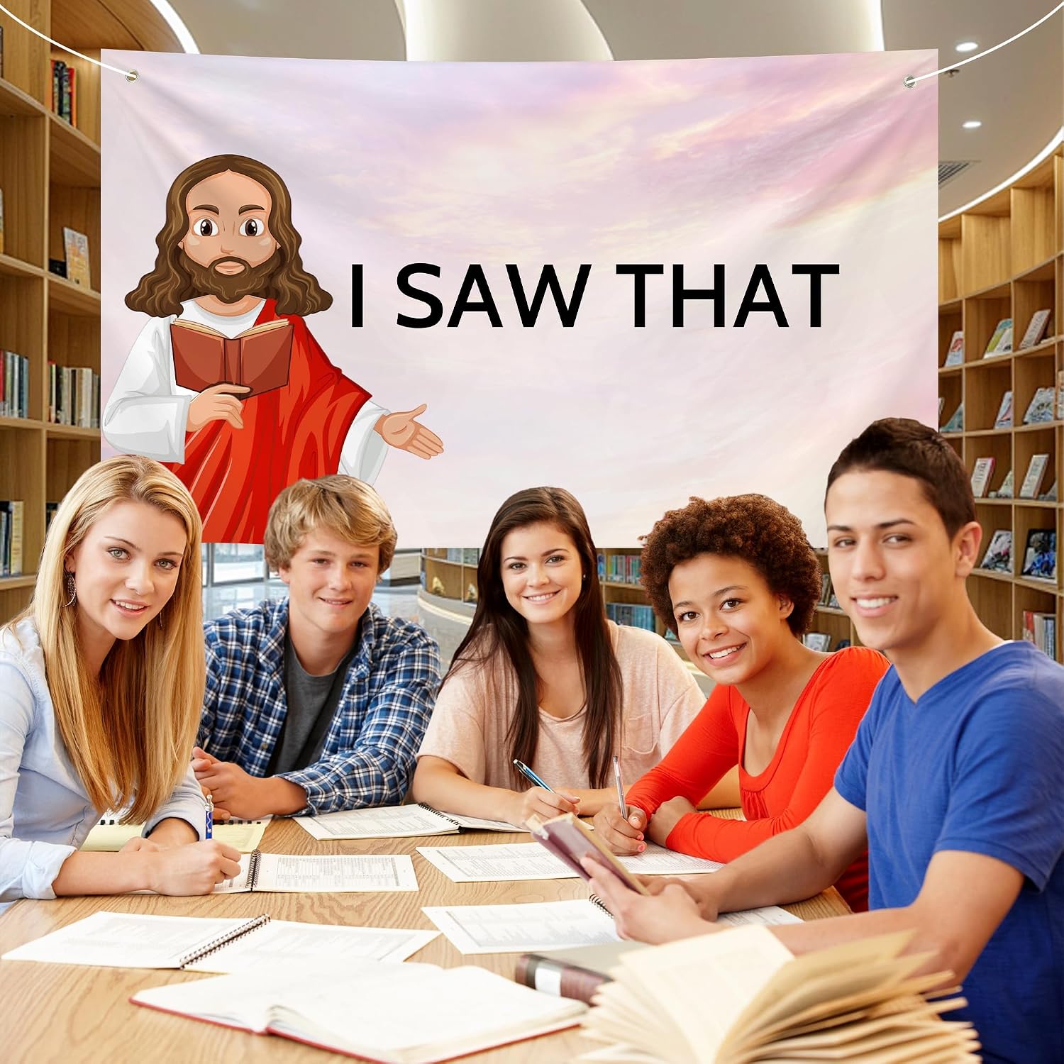 I Saw That Jesus Backdrop Banner - Funny Meme Wall Tapestry for Party Decorations, Hilarious Wall Hanging Flag for Bedroom, Dorm, Living Room, Indoor Outdoor Man Cave Decor 59 x 35 Inch image 5