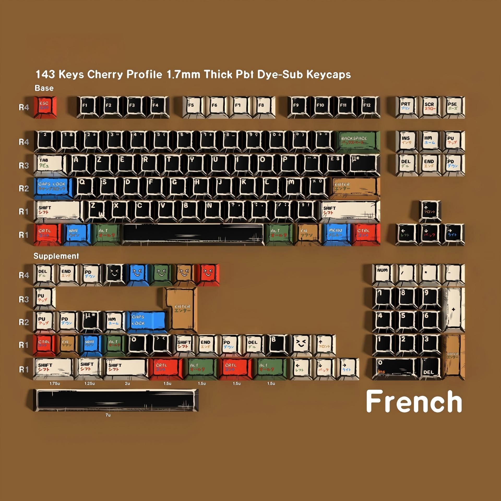 Black Manga Keycaps PBT AZERTY/QWERTY, Layout ISO & ANSI, 143 Touches, Épaisseur 1.8mm, Profil Cherry, Compatible MX Switch, FR/en/DE/ES, pour Clavier Mécanique/Magnétique, 60%/75%/100% (FR)