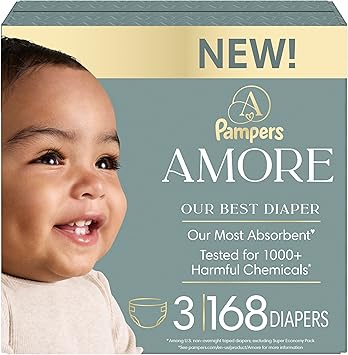 Pampers Amore, Size 3 13-26 lbs, 168 Count, Our Best Diaper Hypoallergenic & Fragrance Free, Up to 100% Leakproof, Soft as Cashmere