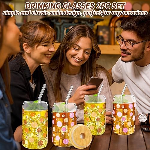 Miniatura 6 de gisgfim 2 tazas de café helado con cara sonriente, tazas de vidrio bohemias con popote y tapas de bambú, 16 onzas, vasos retro reciclados para té,