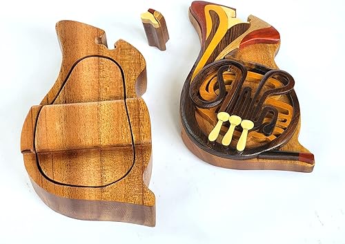 Cuerno francés, caja de rompecabezas de madera hecha a mano con compartimento secreto, arte de madera de Intarsia totalmente natural