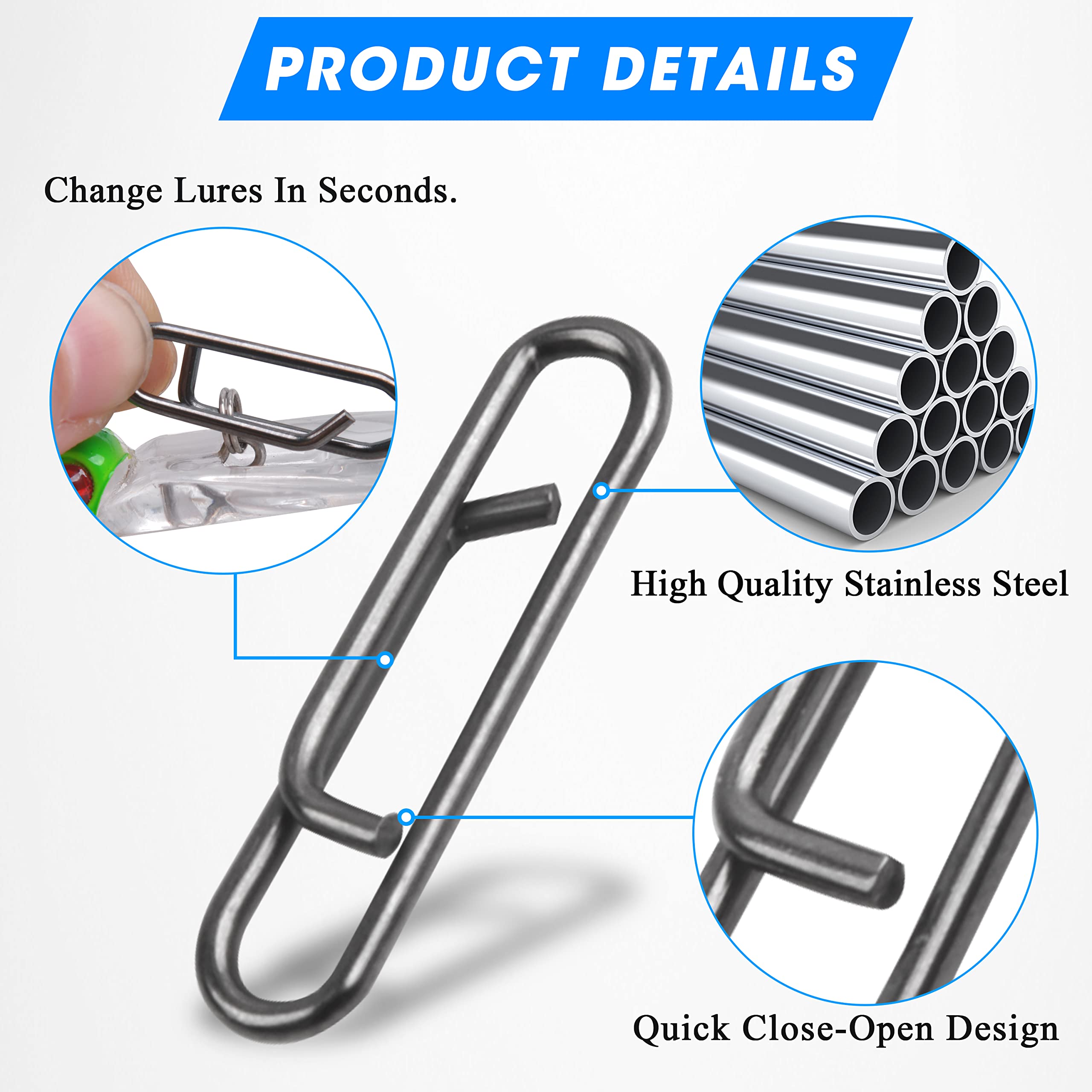 SILANON Power Fishing Clips Snaps,110pcs Stainless Steel Fishing Lure Quick Clips Speed Clips Quick Change Fast Snaps Swivels Connector Fishing Tackle Clips for Freshwater Saltwater