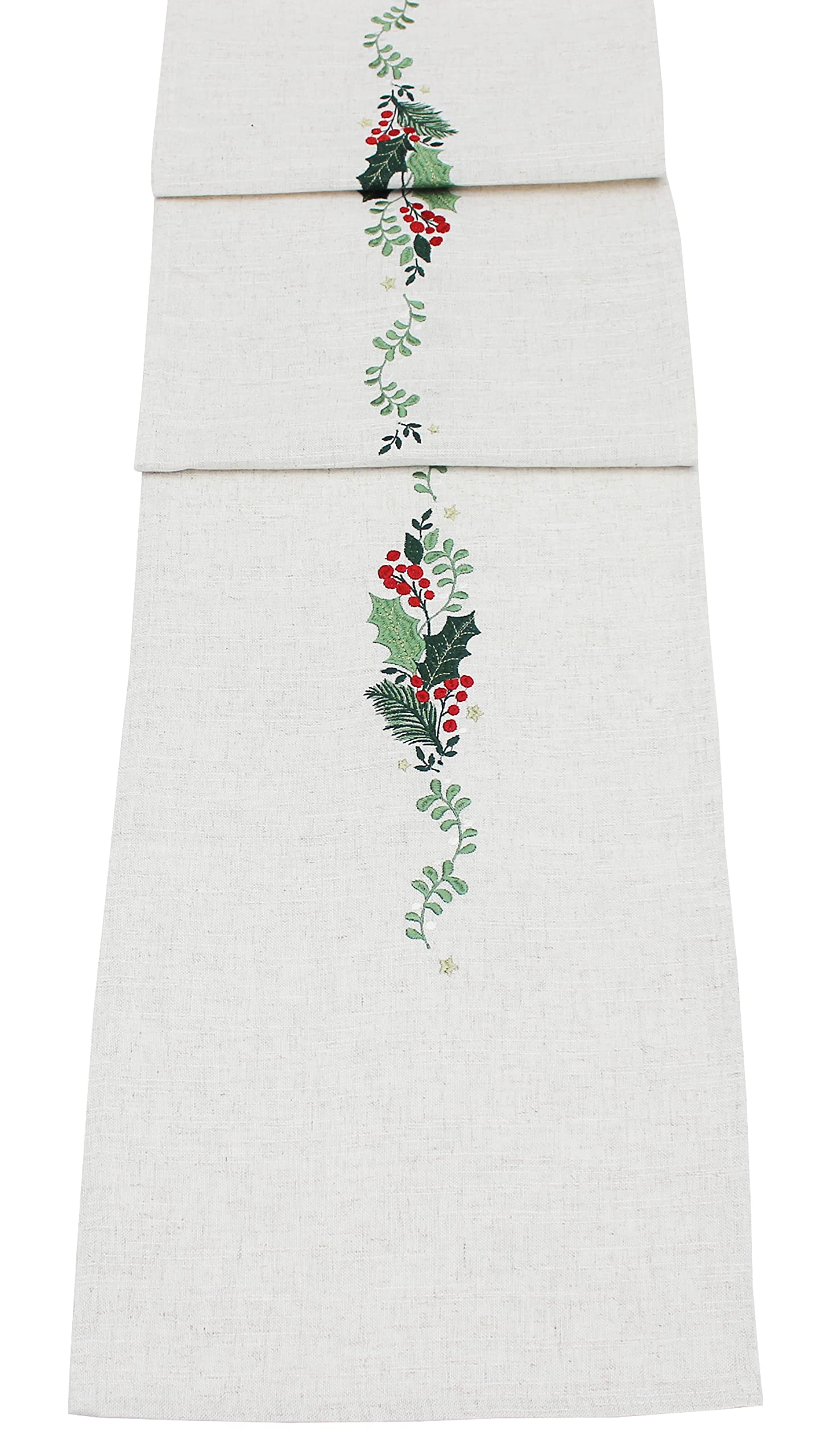 Peggy Wilkins Beige/Multi Winter Wreath Christmas Holly, Berries And Mistletoe Embroidered Table Runner 14" X 75"