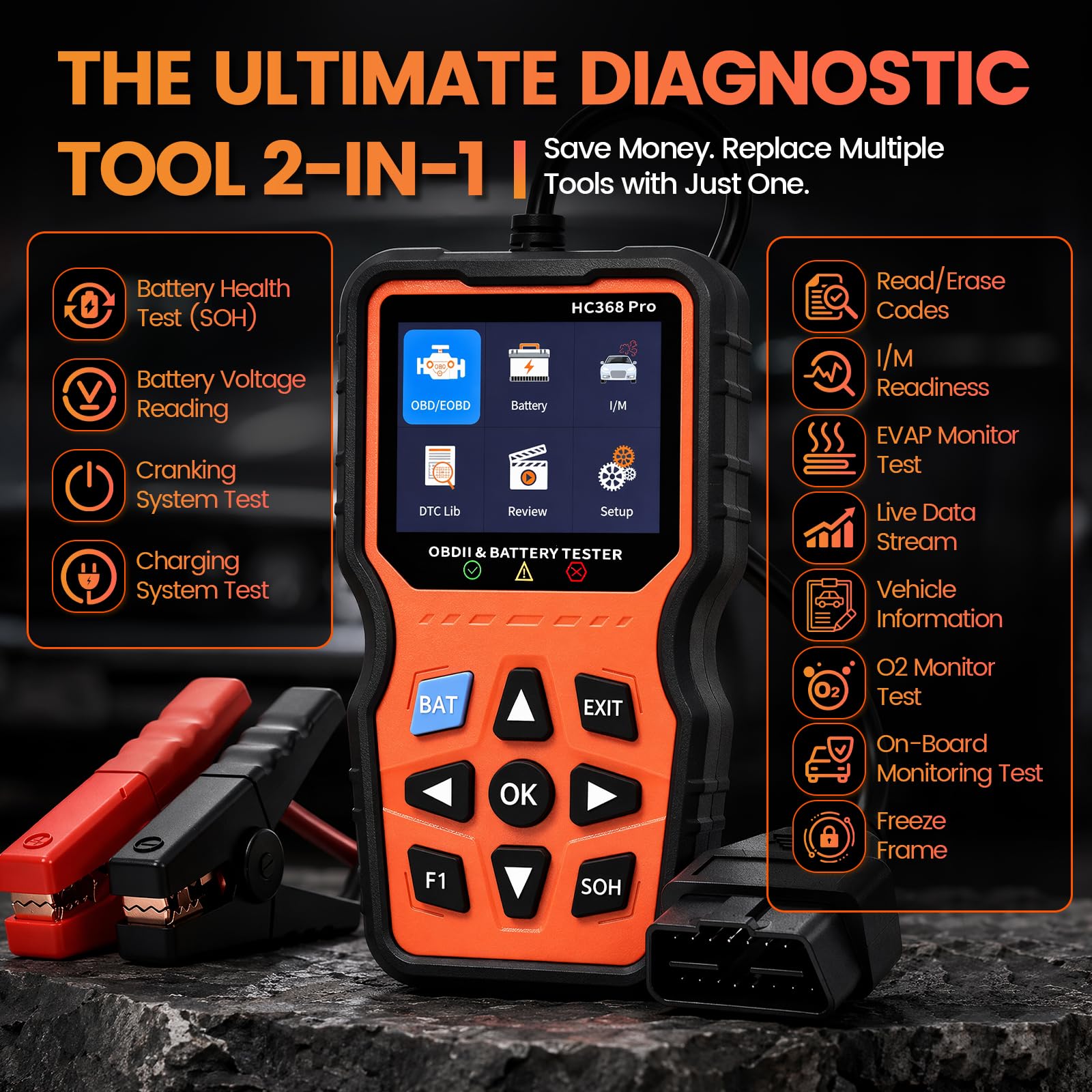 OBD2 Diagnosegerät & Batterietester 2 in 1,OBD EOBD+CAN Scanner Auslesegerät mit vollständigen OBD2 Funktionen,12V Autobatterie Tester mit Batterie- Anlasser- und Ladetest für alle Fahrzeuge