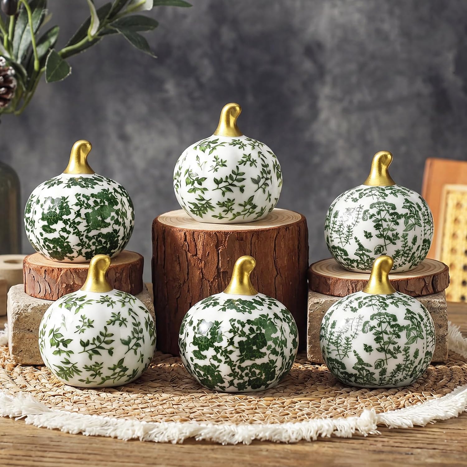 DoubleFill 6 Pcs Ceramic Green Pumpkins Farmhouse Plant Table Centerpiece Vintage Country Porcelain Pumpkin Fall Tiered Tray Ornaments for Autumn Home Decor (Plants, Green)