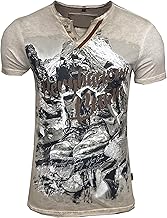 Subliminal Mode T-Shirt Homme Coton Col V Boutonné à Manches Courtes Délavé - Imprimé Montagne - Style Mordene/Vintage - Coupe Classique BX129