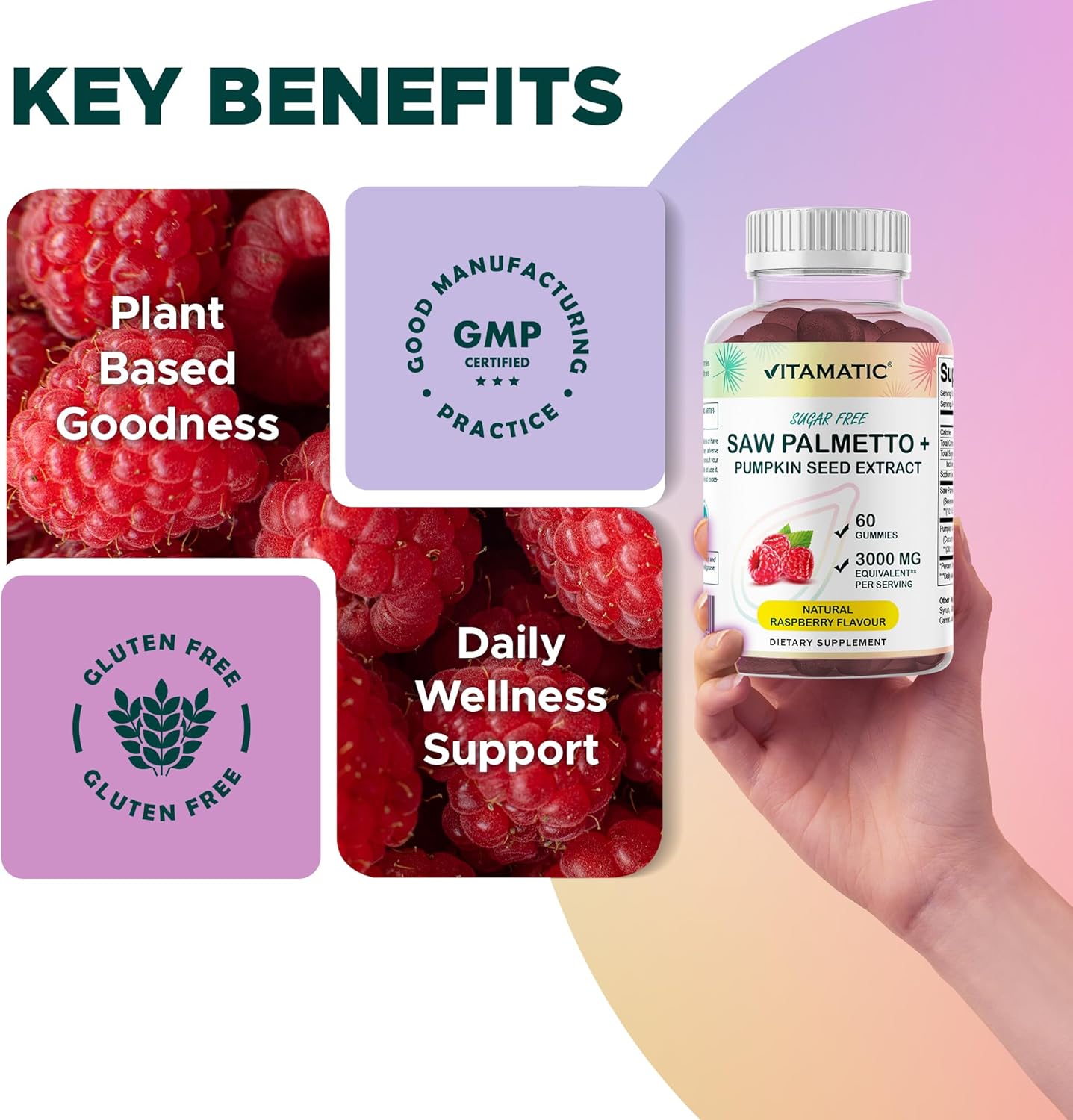 Vitamatic Sugar-Free Saw Palmetto with Pumpkin Seed – 3000 mg Equivalent per Serving – Natural Raspberry Flavor – 60 Gummies - Image 5