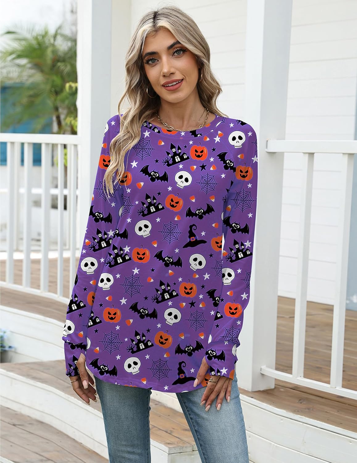 Zeagoo Women's Casual Long Sleeve Halloween Shirts Crew Neck Loose Tee Tunic Tops Thumb Holes - Image 2
