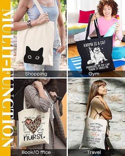 Miniatura 7 de AUSVKAI Bolsa de lona estética para mujer, lindas bolsas de algodón reutilizables de tela para ir de compras, playa, regalos de moda